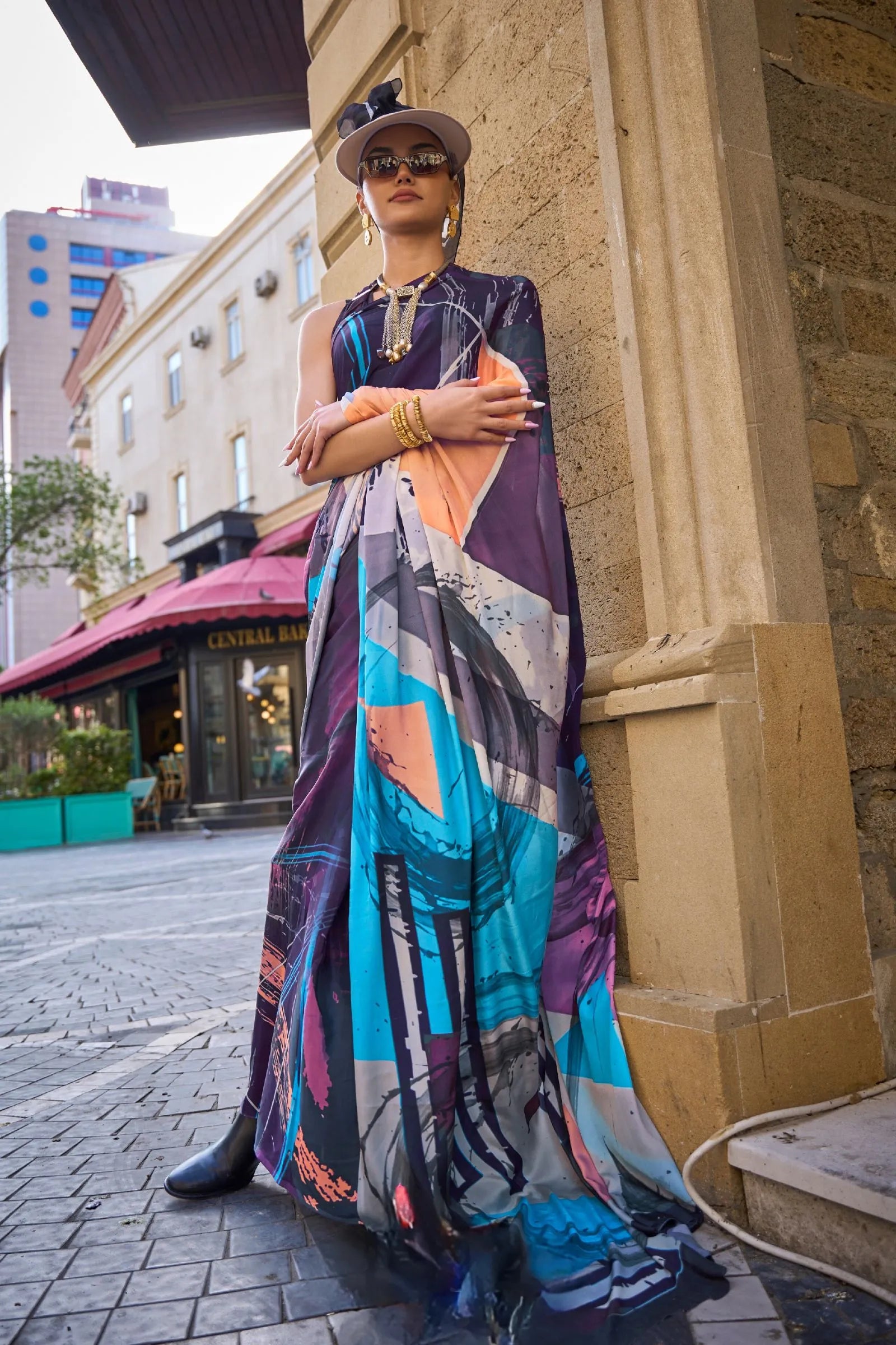 Plum Purple Digital Print Crepe Saree 