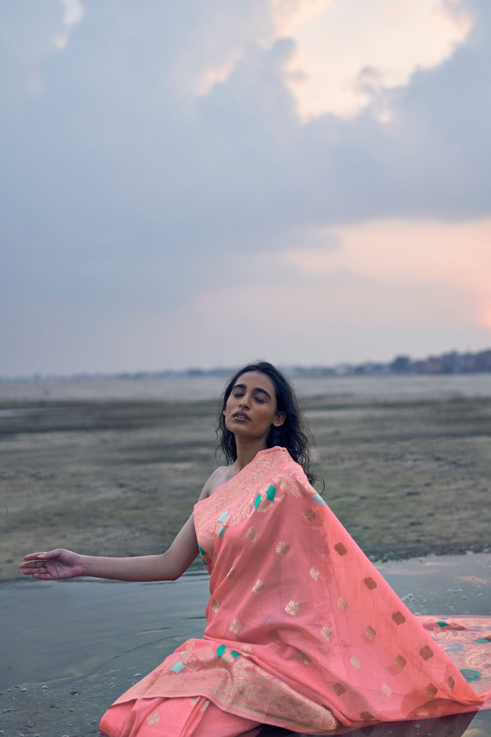 Peach Pure Linen Silk Saree