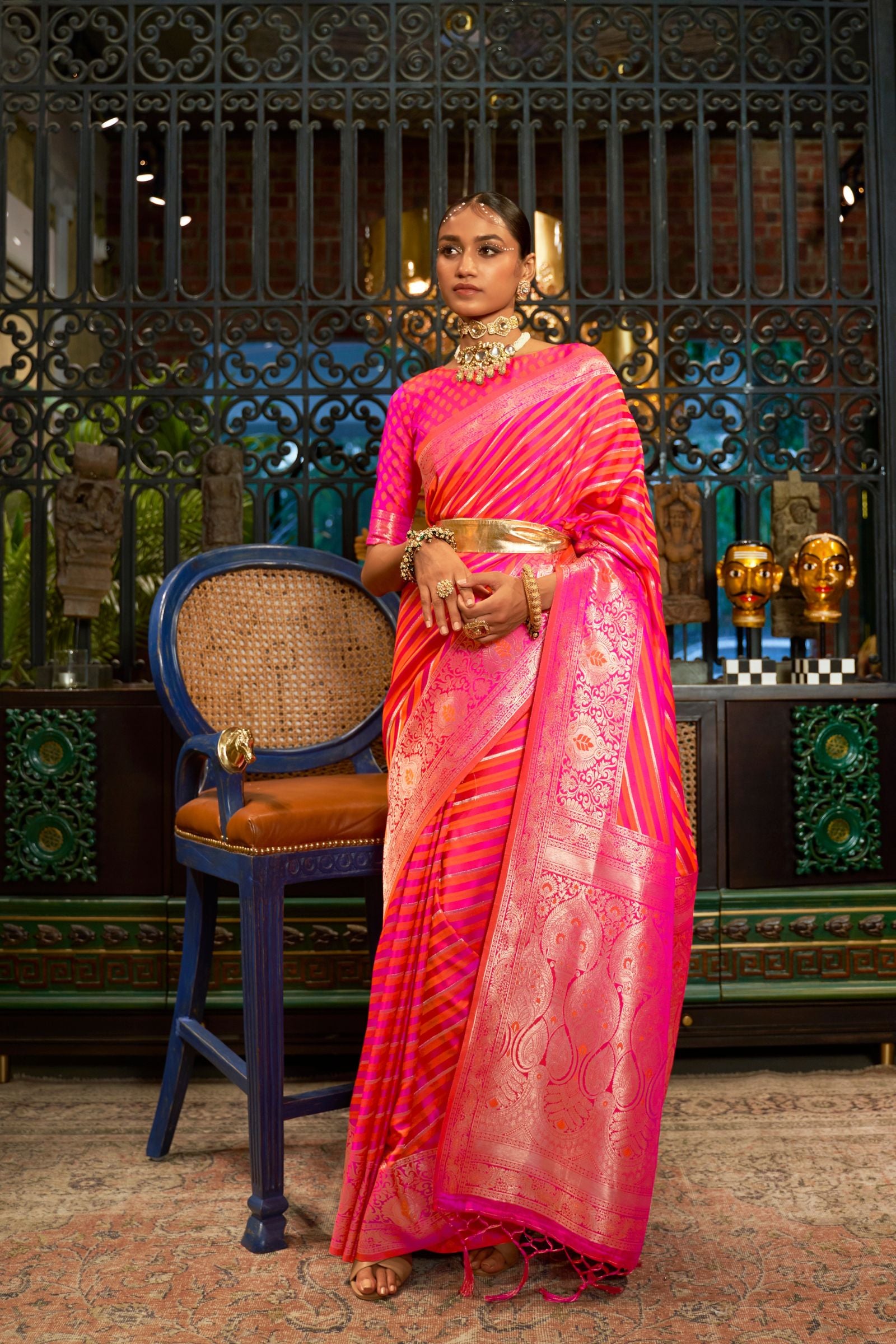 Orange Pink Diagonal Stripes Satin Saree