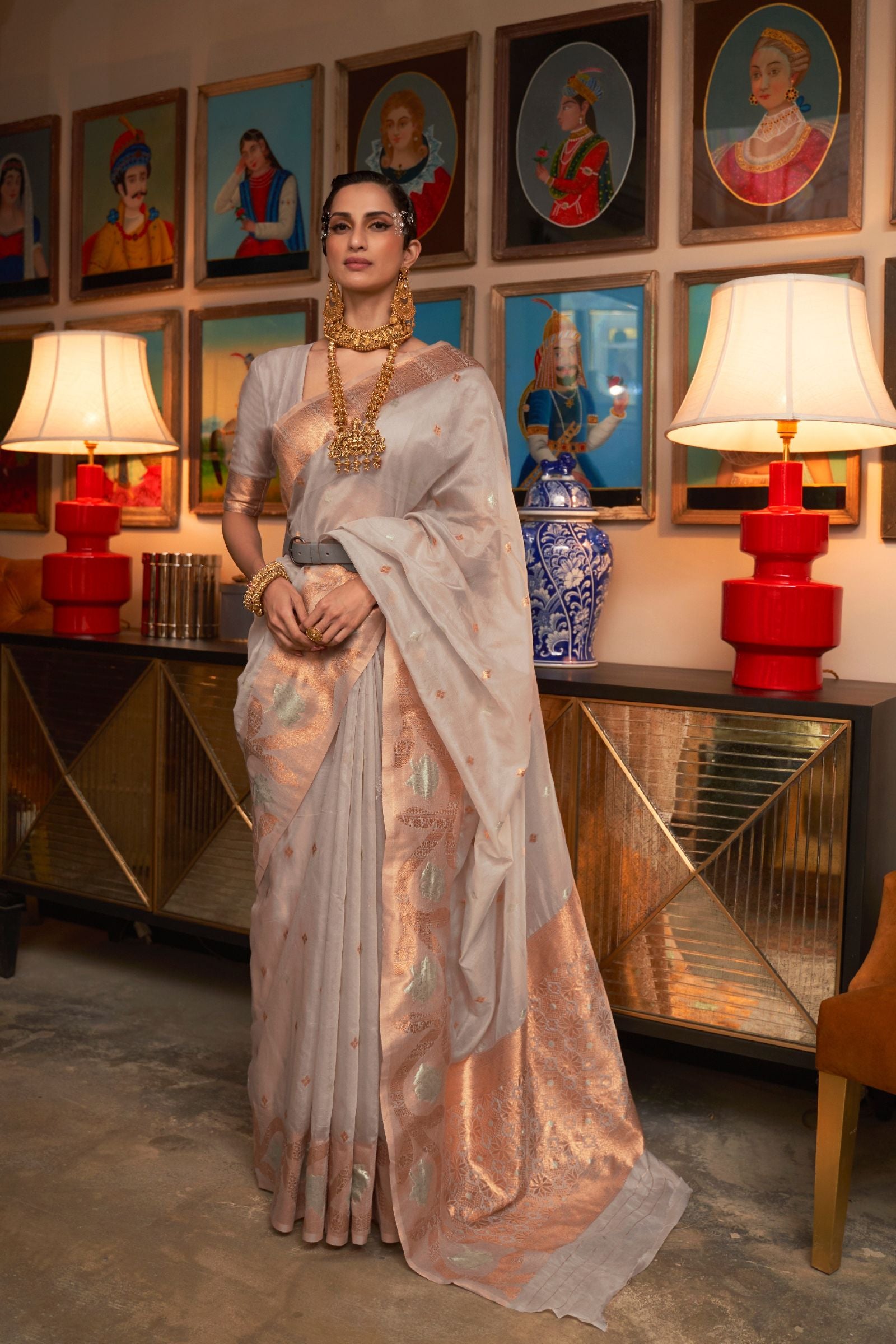 Silver Copper Zari Organza Saree