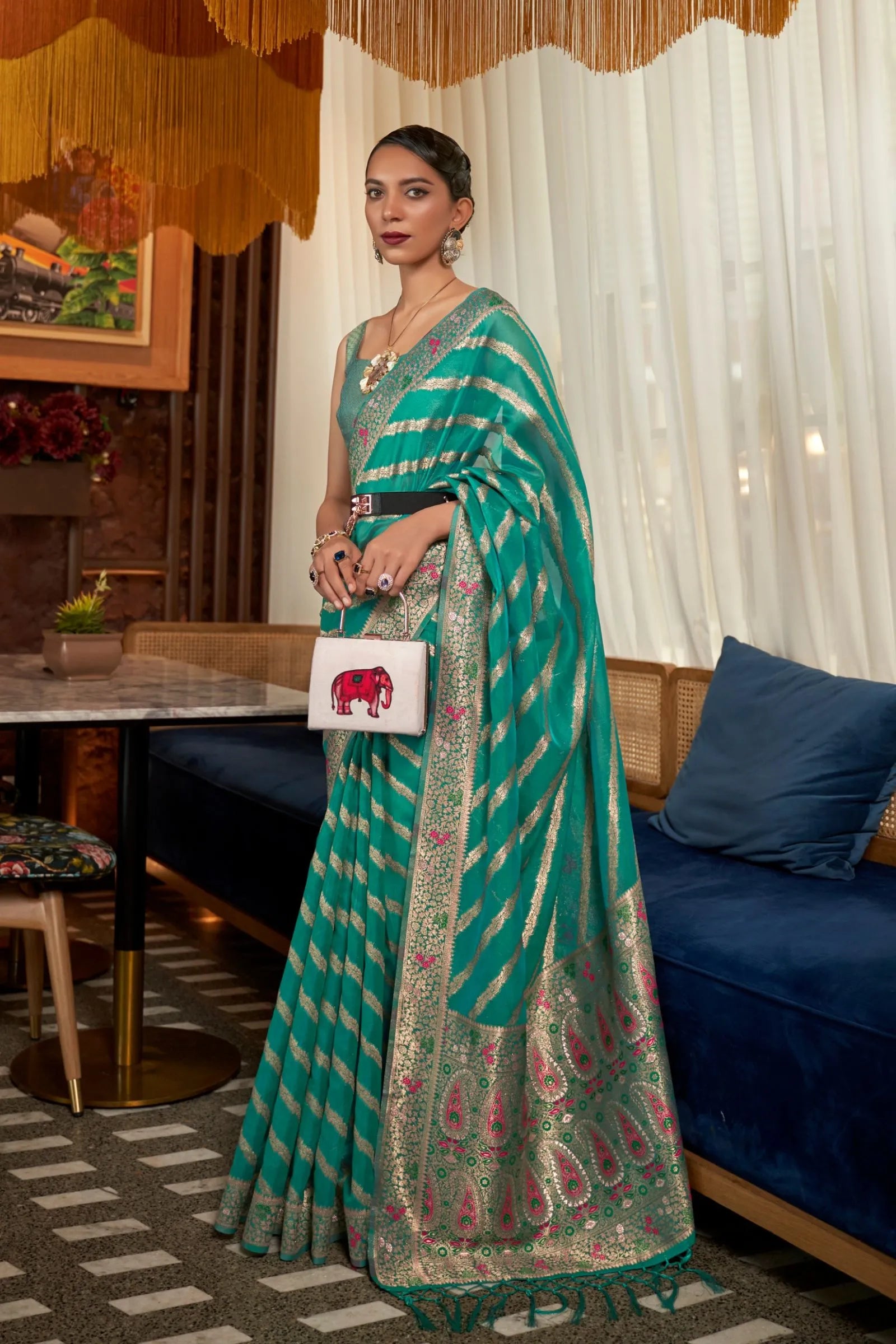 Persian Green Meenakari Weaving Organza Saree