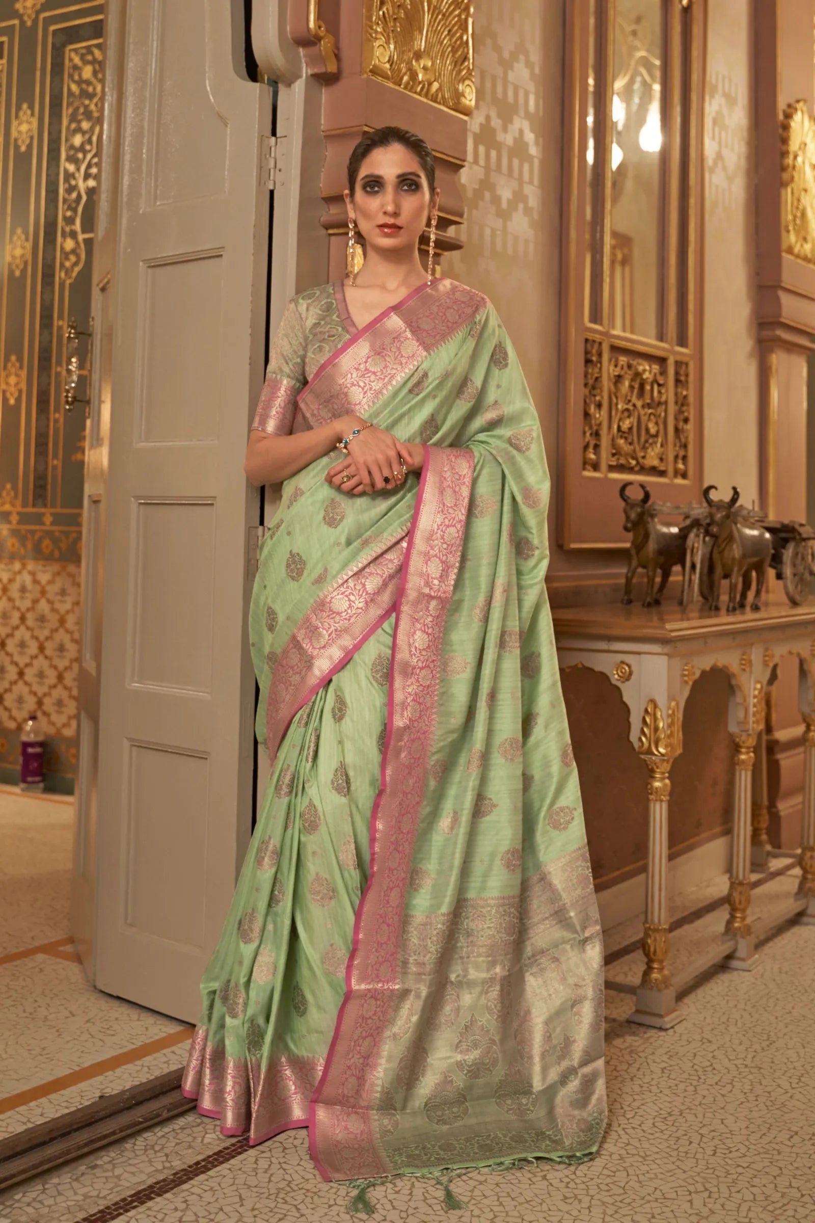 Pista Green Zari Woven Tussar Silk Saree