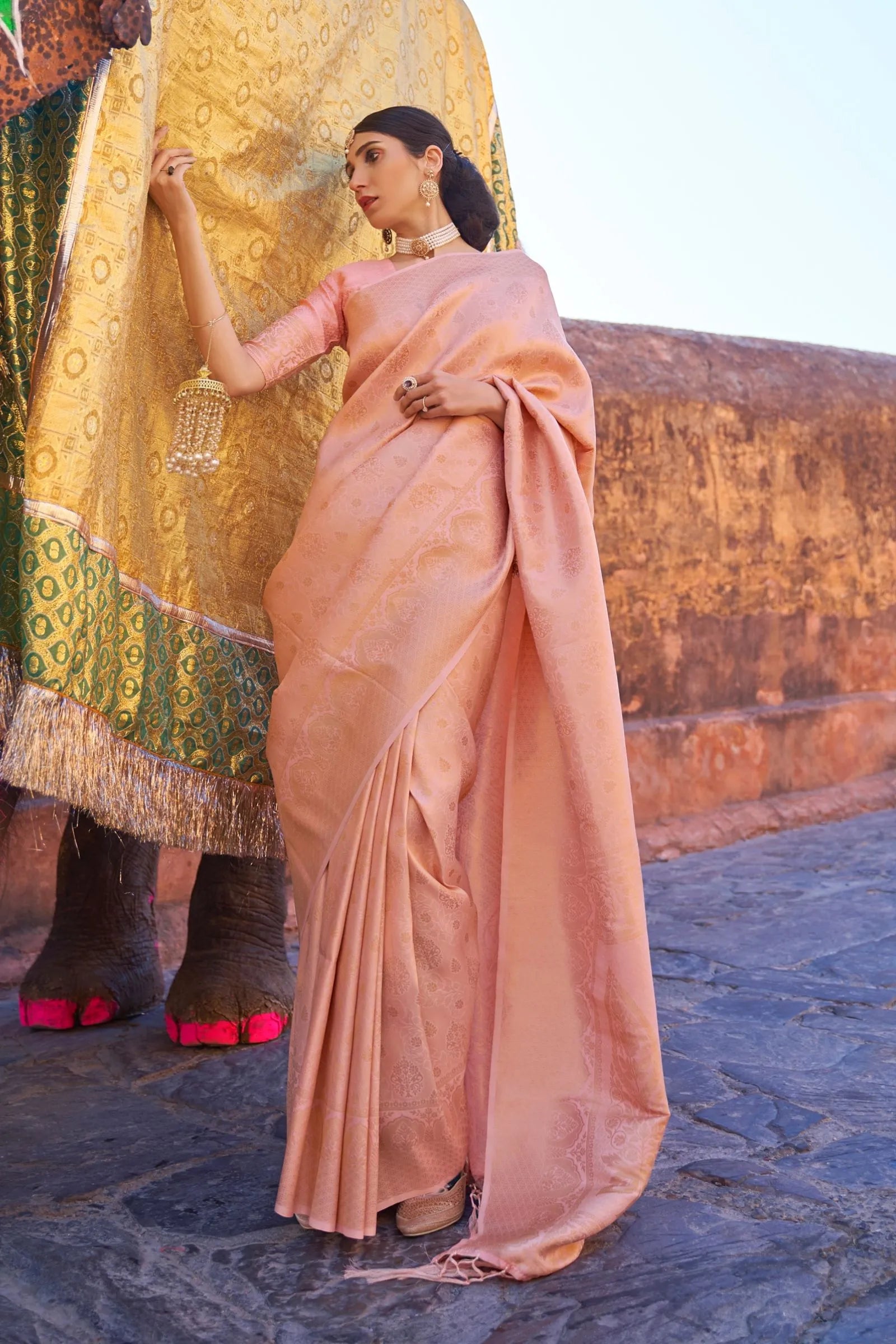 Peach Zari Woven Silk Saree