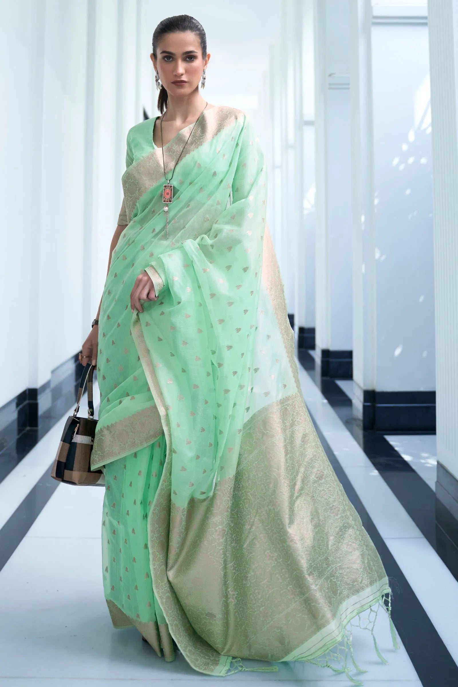 Sea Green Mukaish Weaving Modal Saree