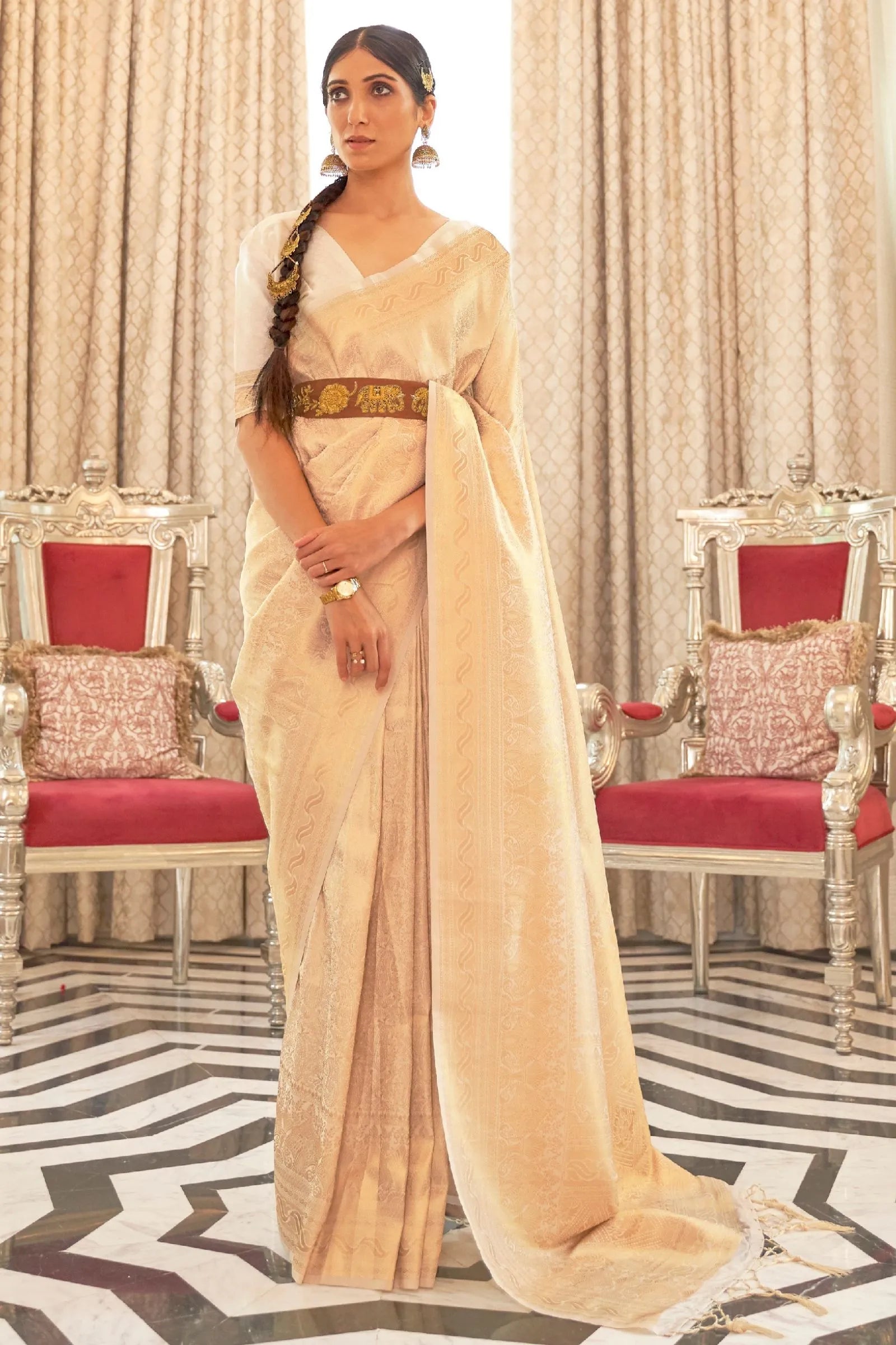 Off-White Zari Woven Silk Saree