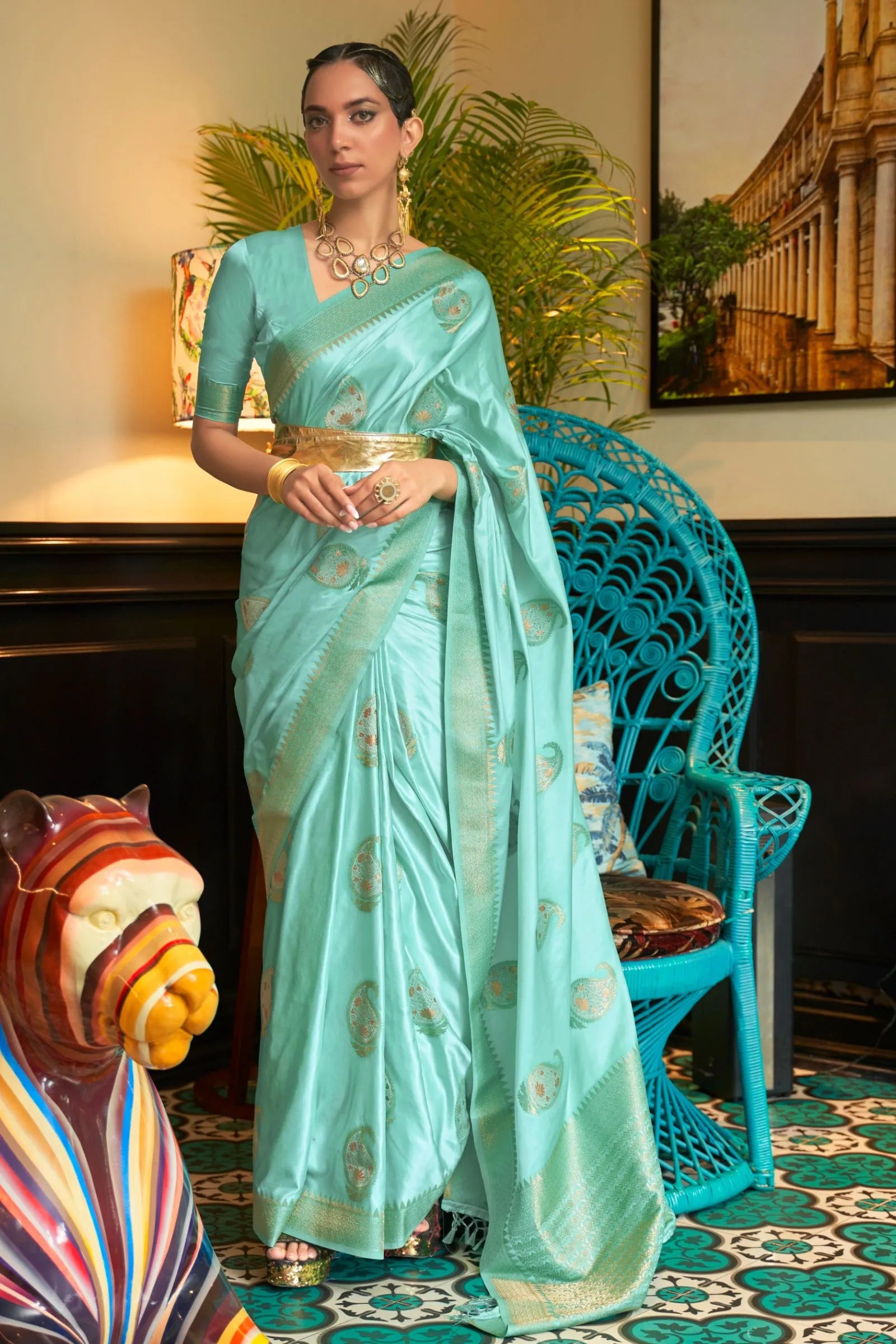 Sea Blue Paisley Motif Satin Saree