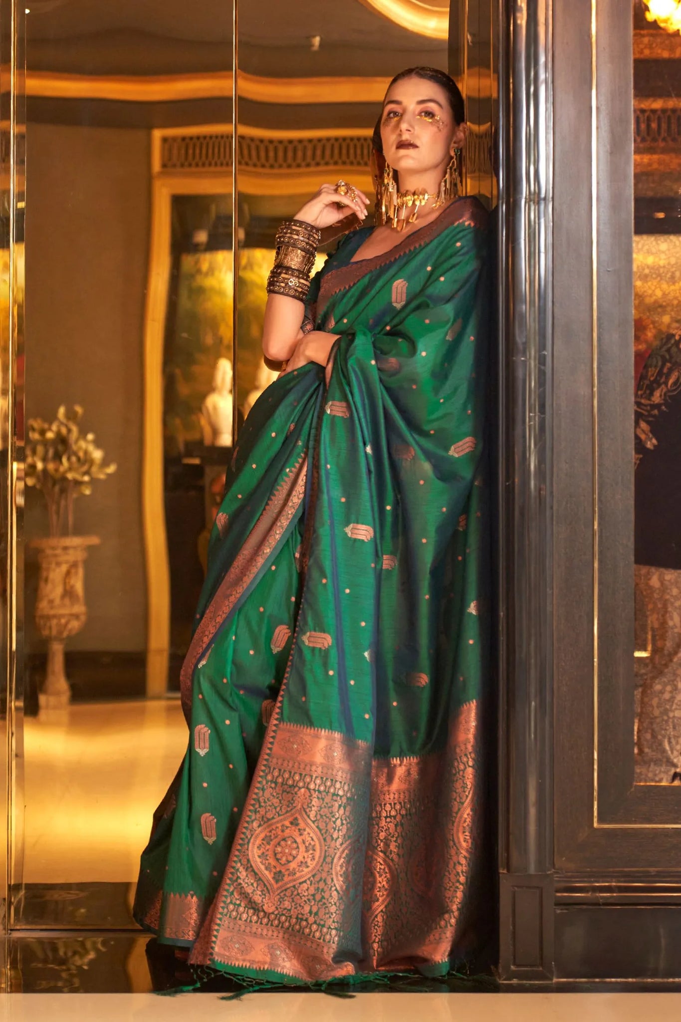 Rama Green Zari Designer Tussar Silk Saree