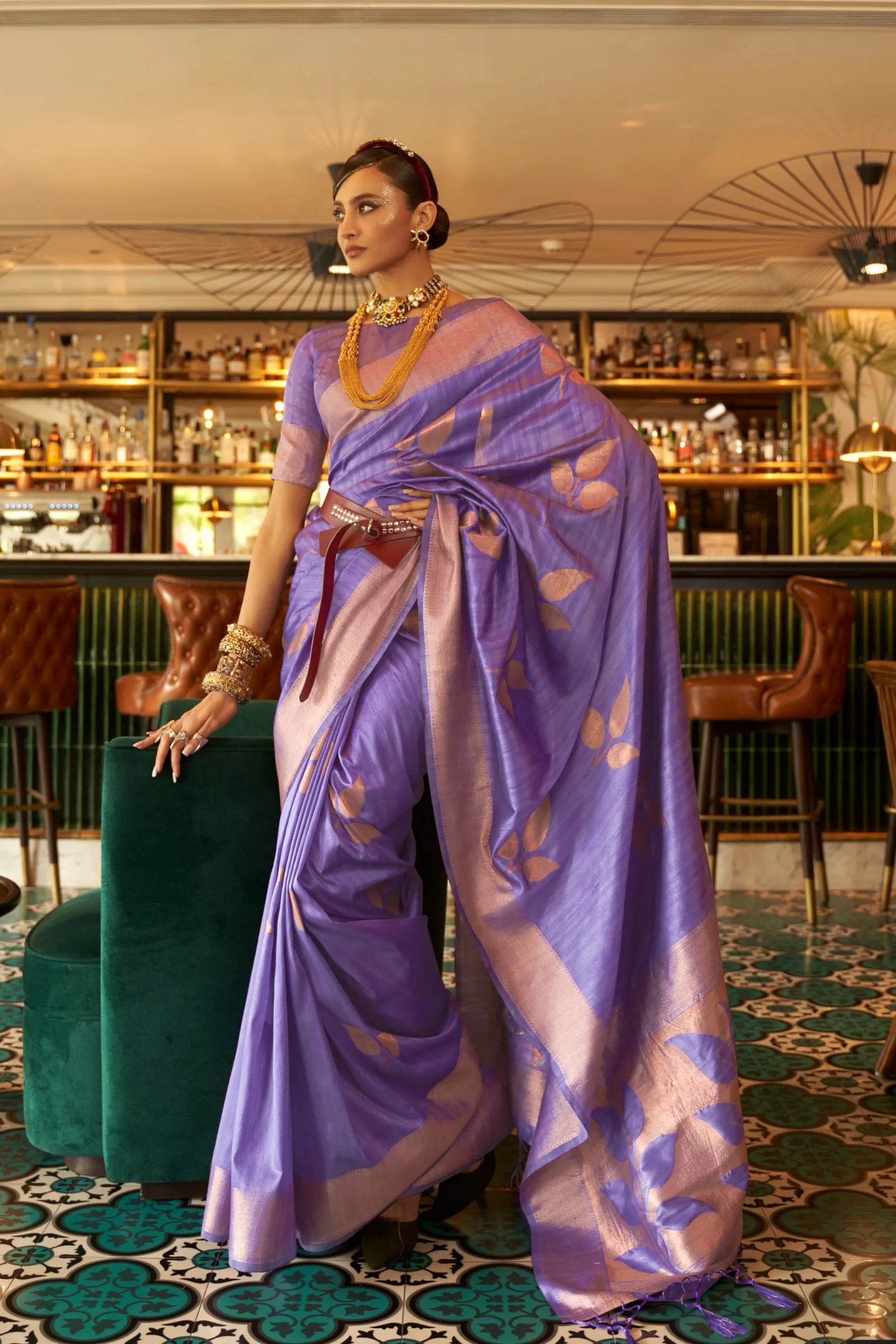 Violet Copper Leaves Tussar Silk Saree