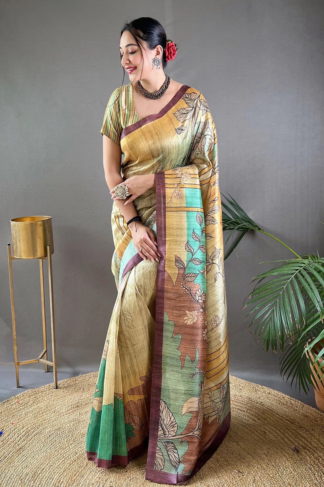 Wood Brown Printed with Eggplant Border Ready to Wear Saree