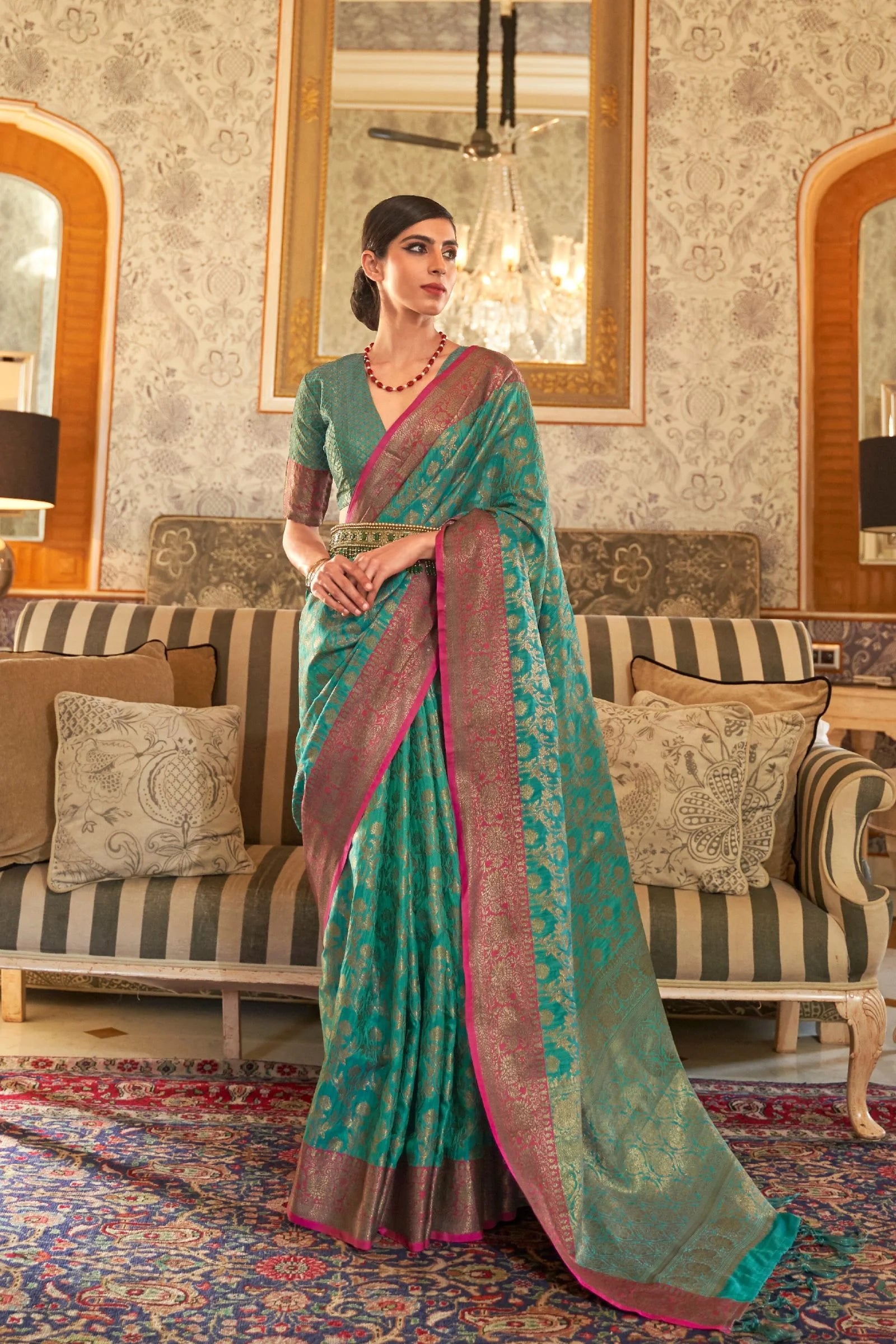 Persian Green Zari Work Tussar Silk Saree