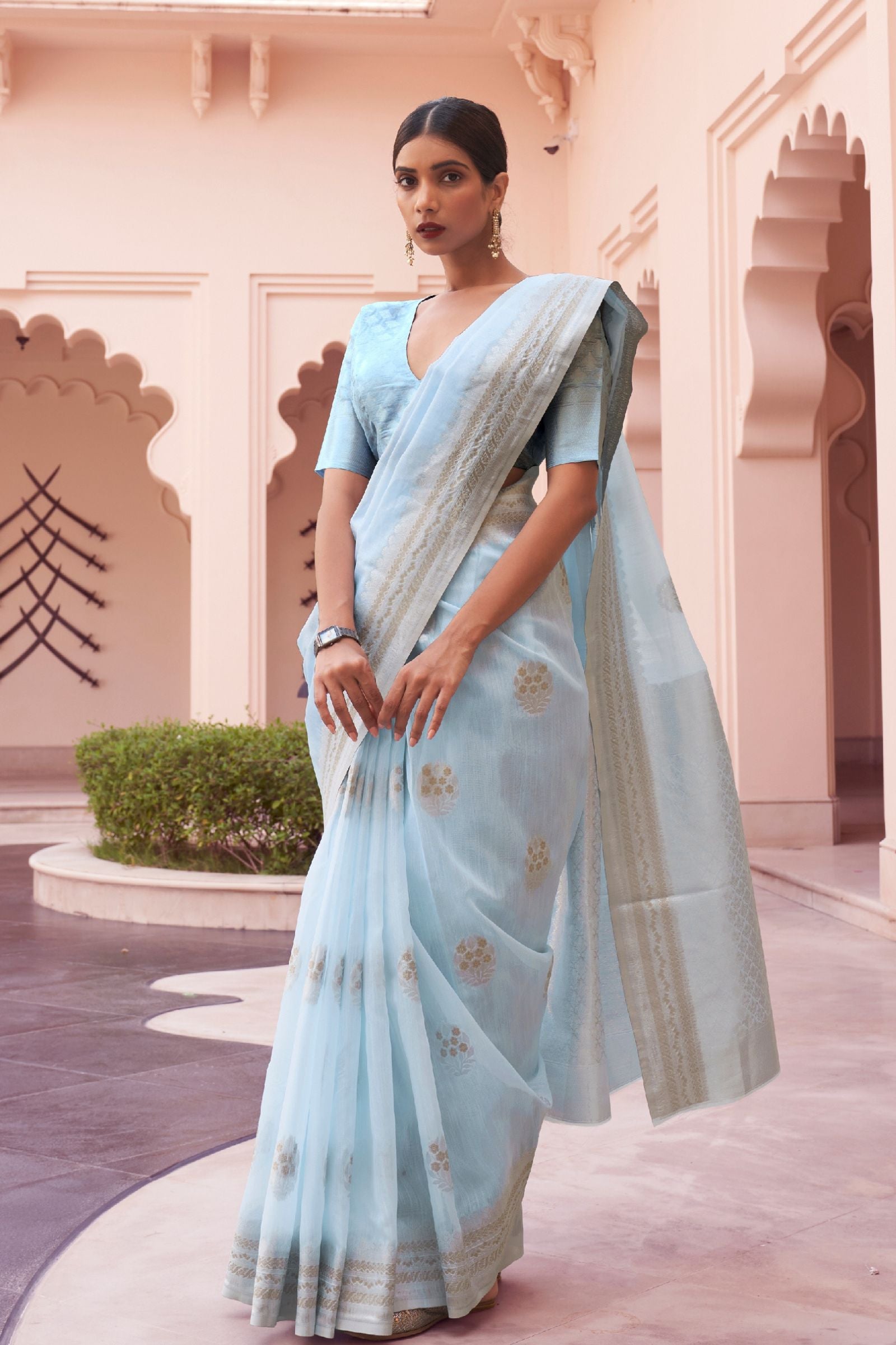 Ice Blue Zari Motif Linen Saree