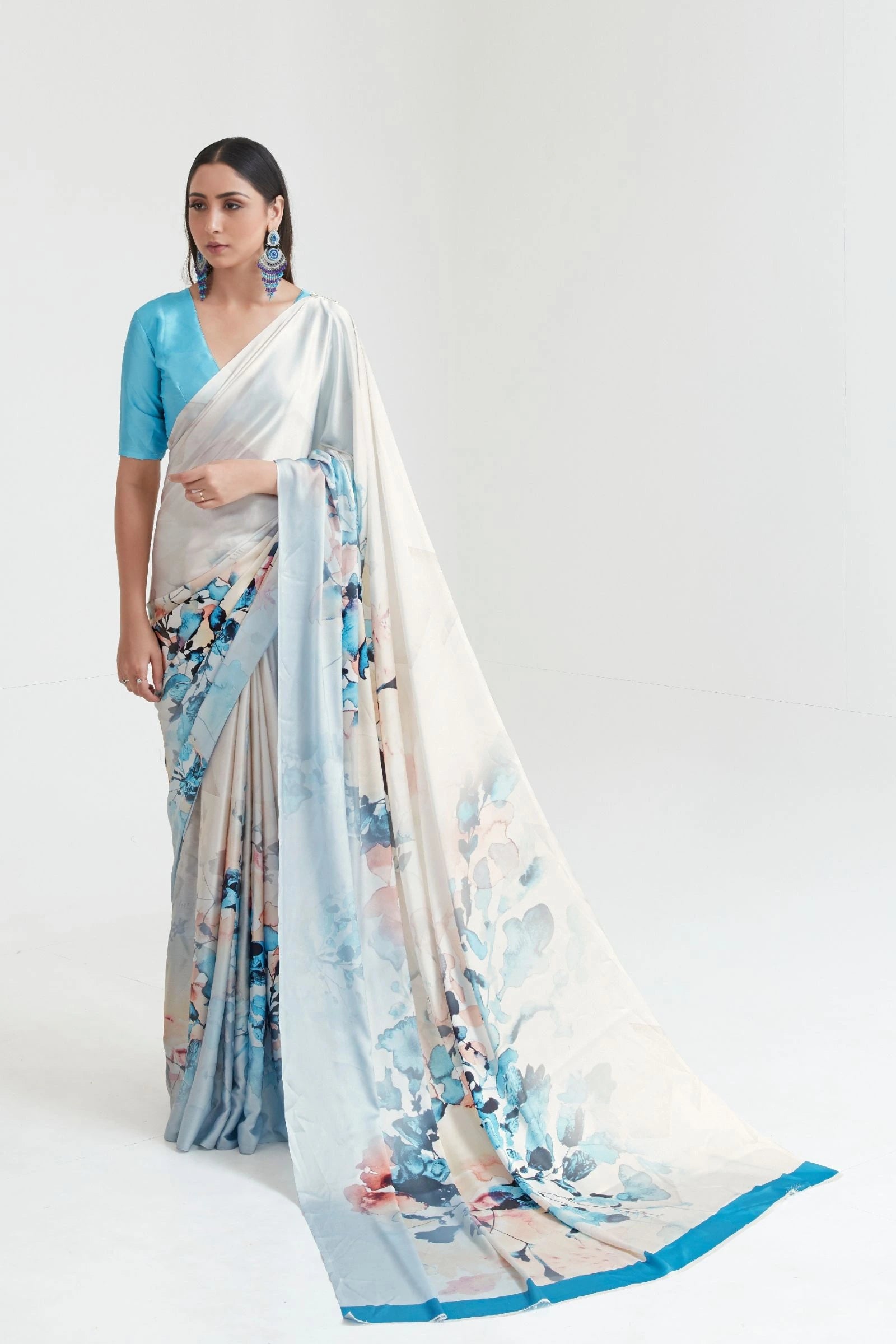 Pearl White Printed Satin Saree