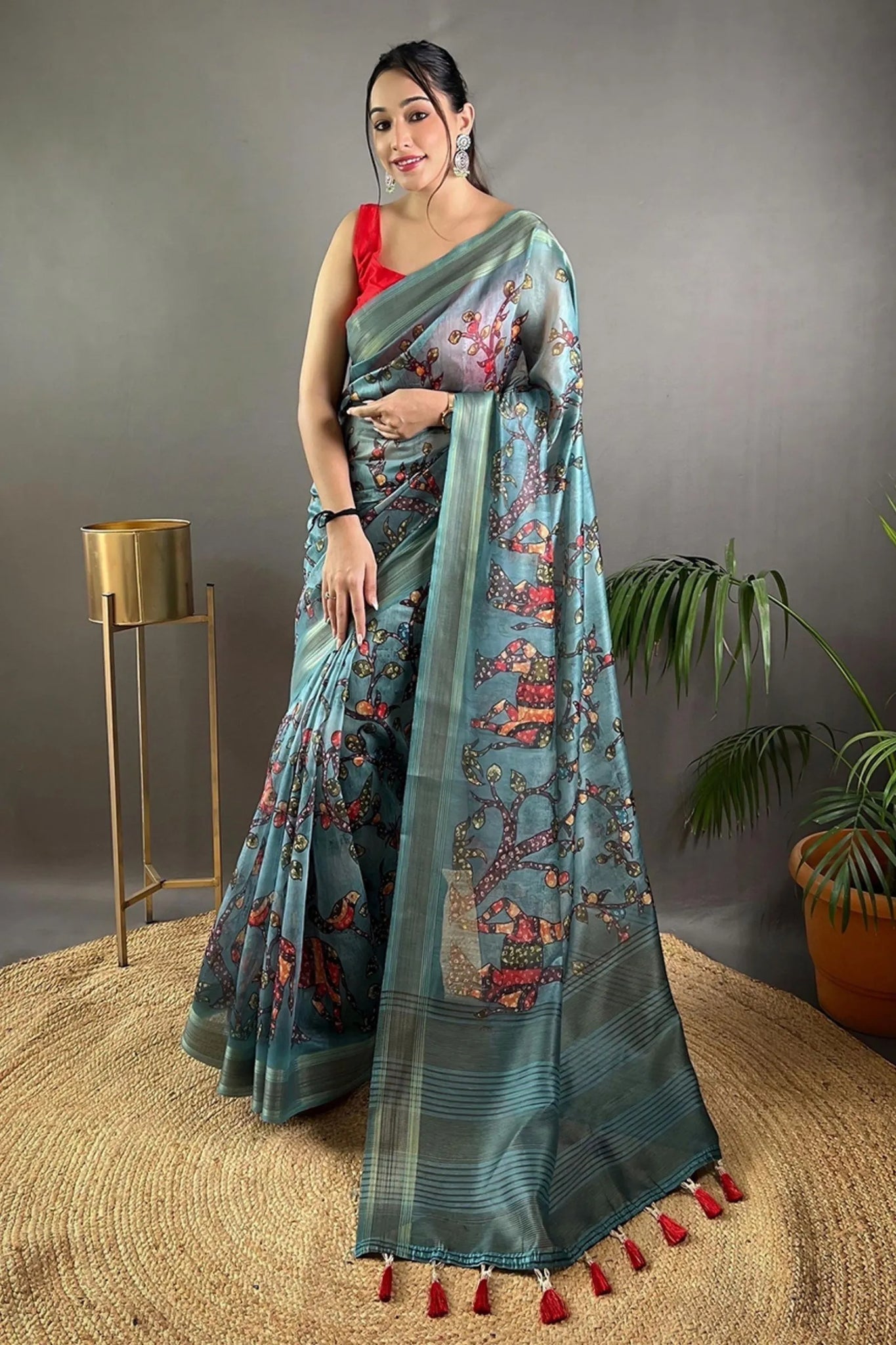 Teal Blue Kalamkari Print Cotton Silk Saree