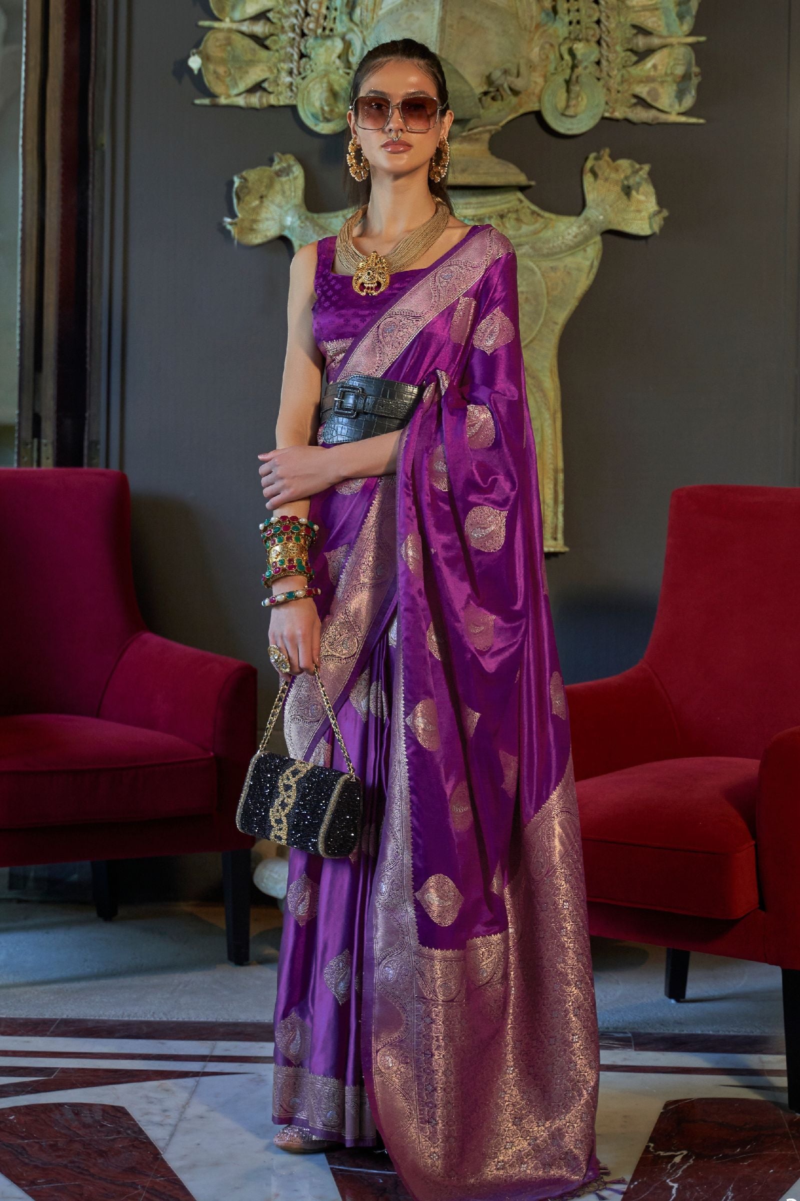 Grape Purple Zari Work Satin Saree