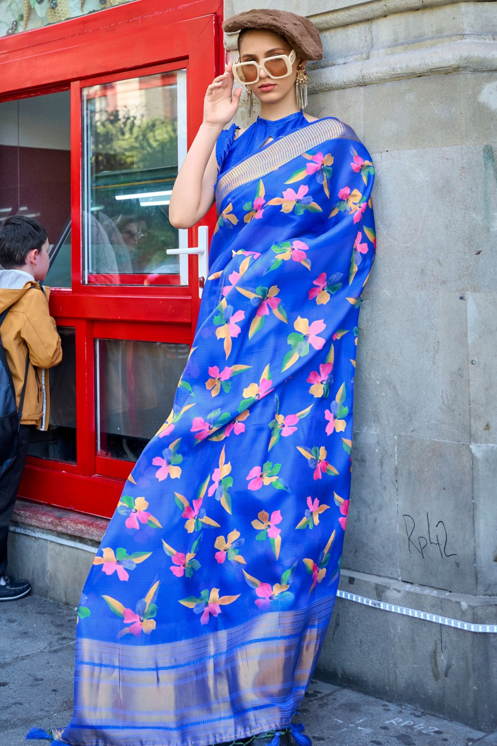 Royal Blue Printed Satin Organza Saree