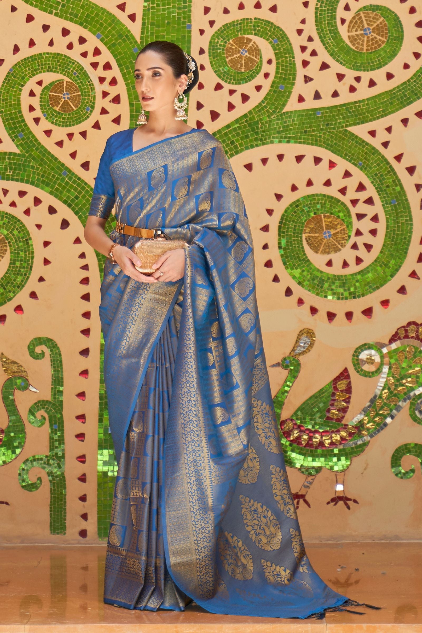 Steel Blue Zari Work Kanjivaram Saree