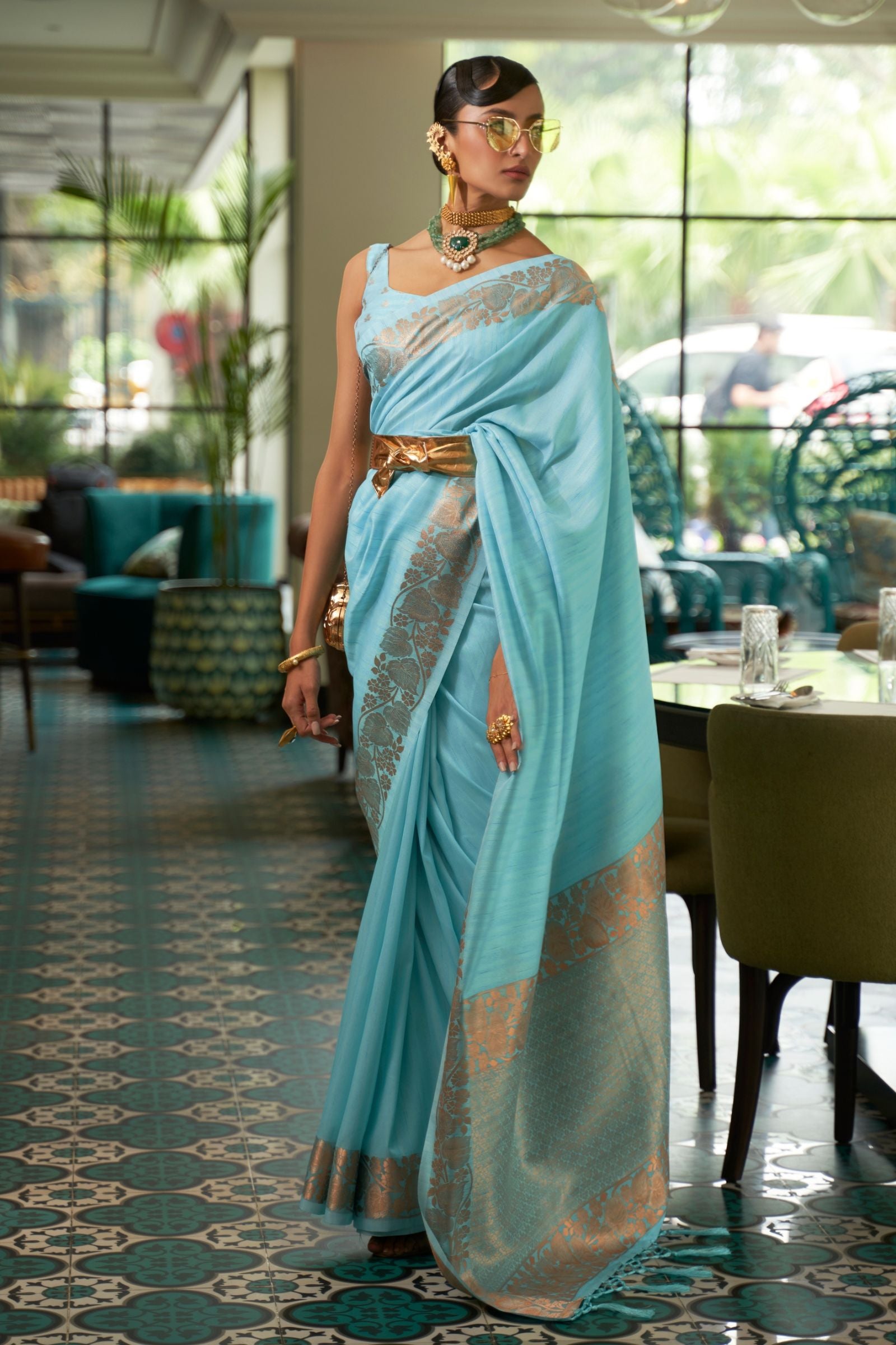 Sky Blue Zari Border Tussar Silk Saree