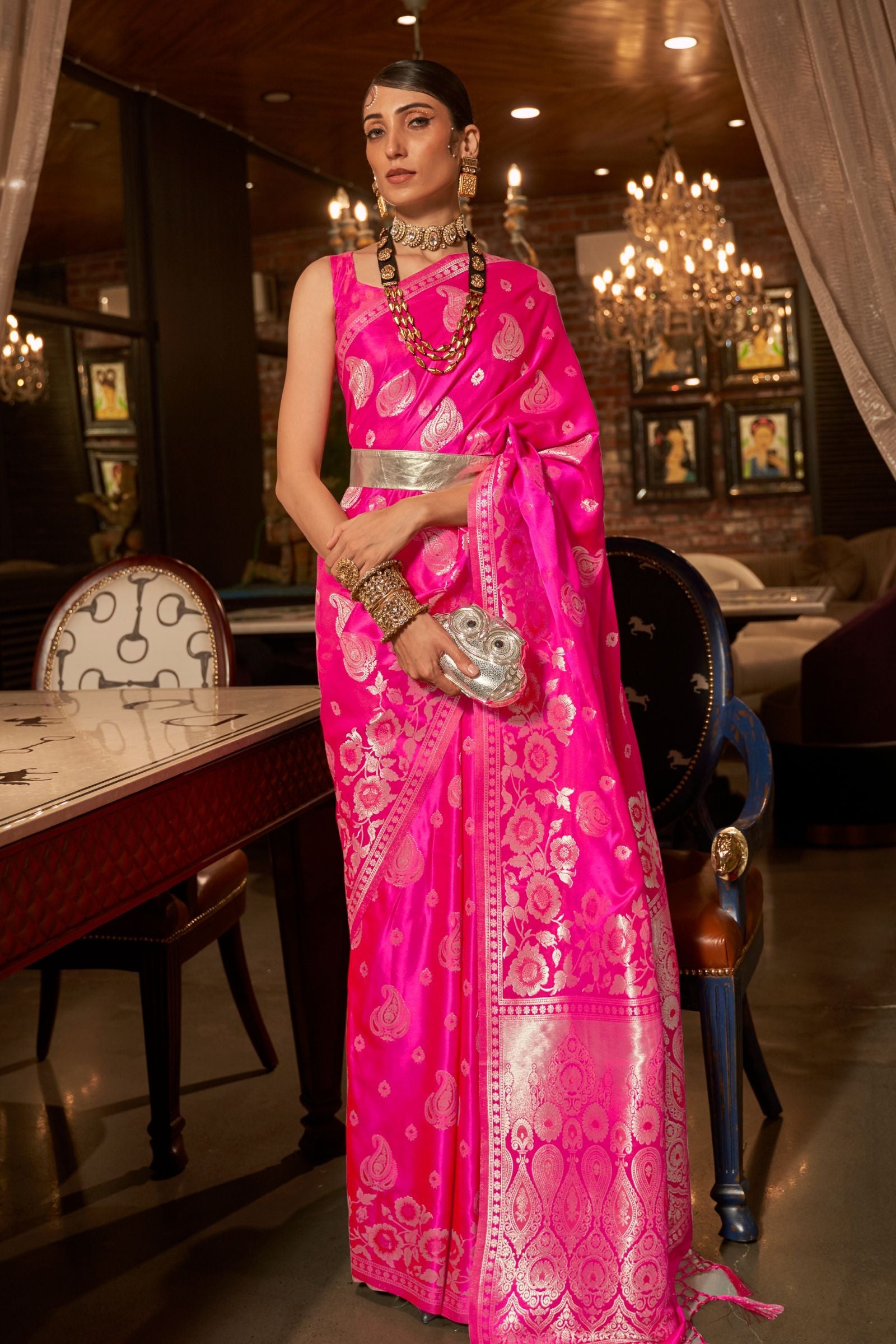 Hot Pink Designer Woven Satin Saree