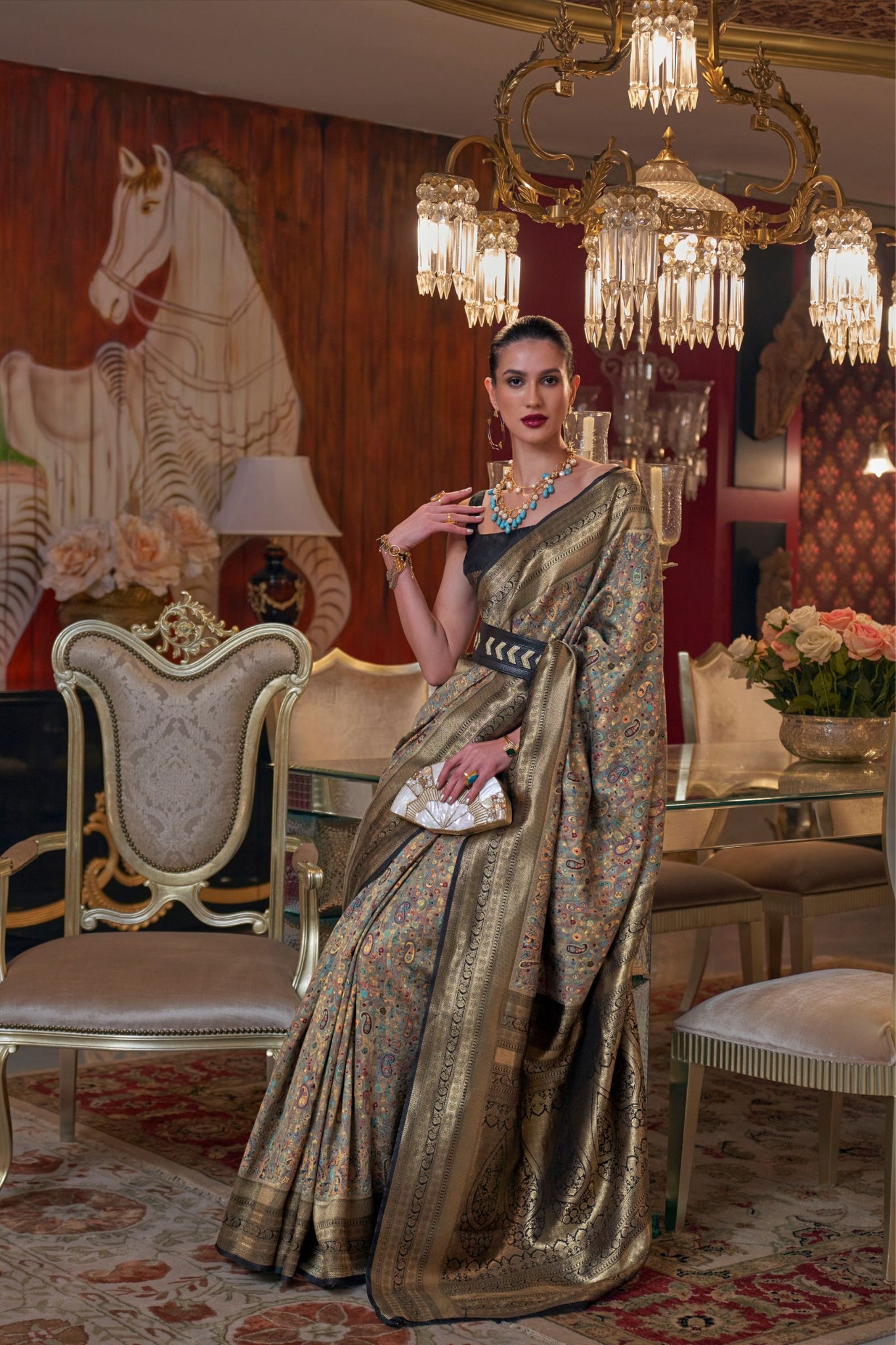 Golden Kashmiri Woven Modal Saree
