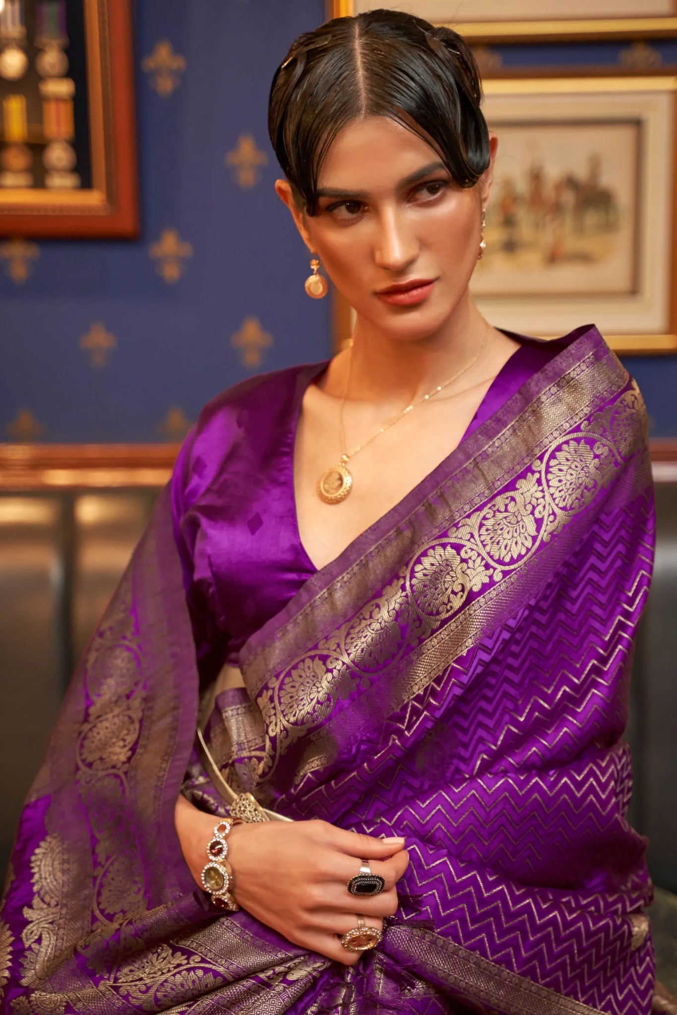 Purple Zigzag Weaving Satin Saree