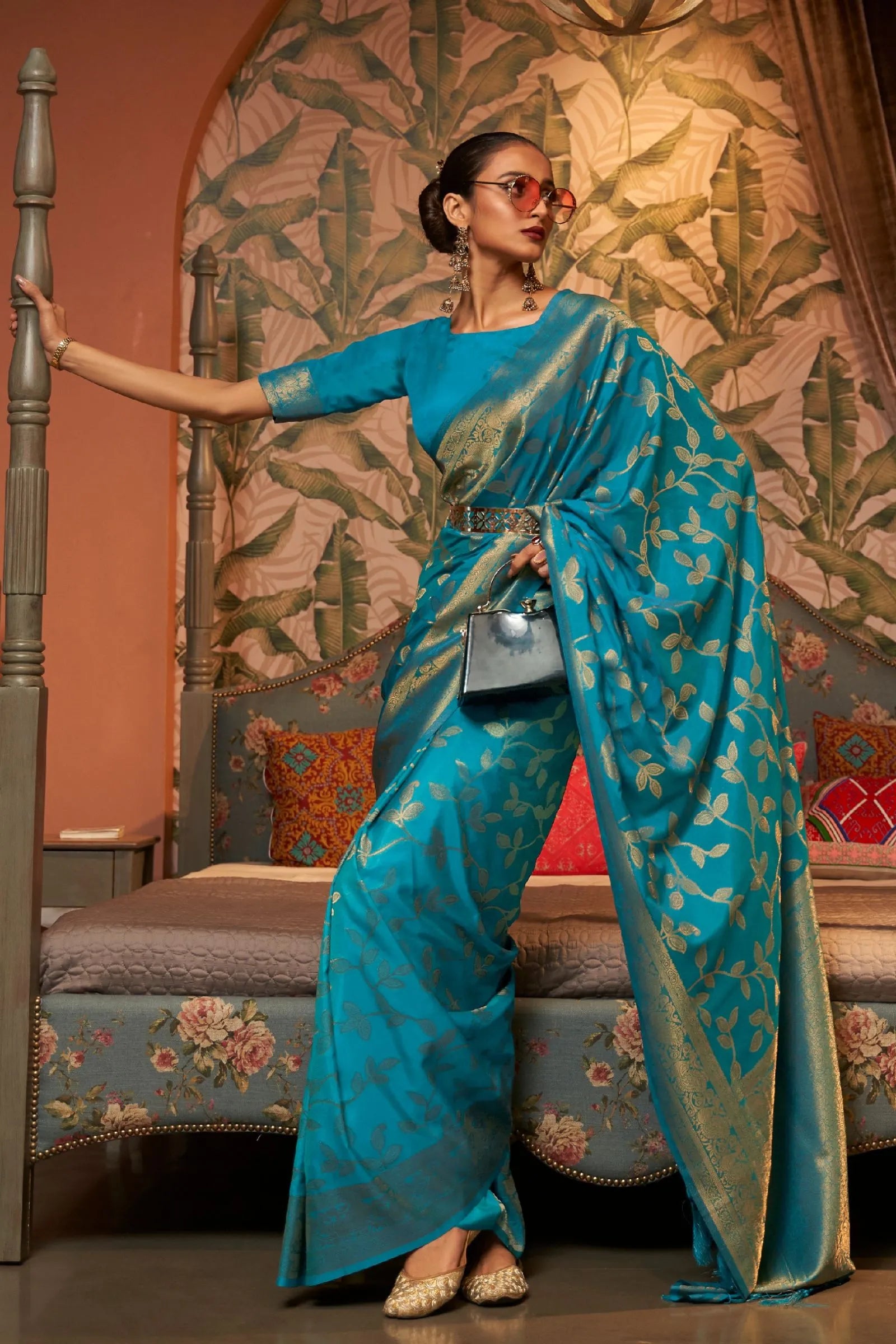 Ocean Blue Leaf Printed Chinon Silk Saree