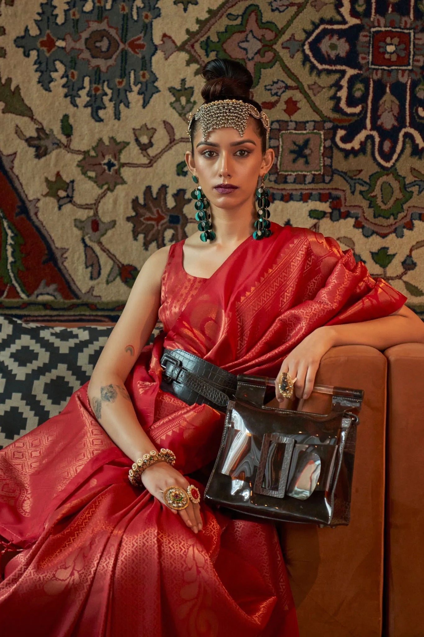 Red Designer Copper Zari Silk Saree