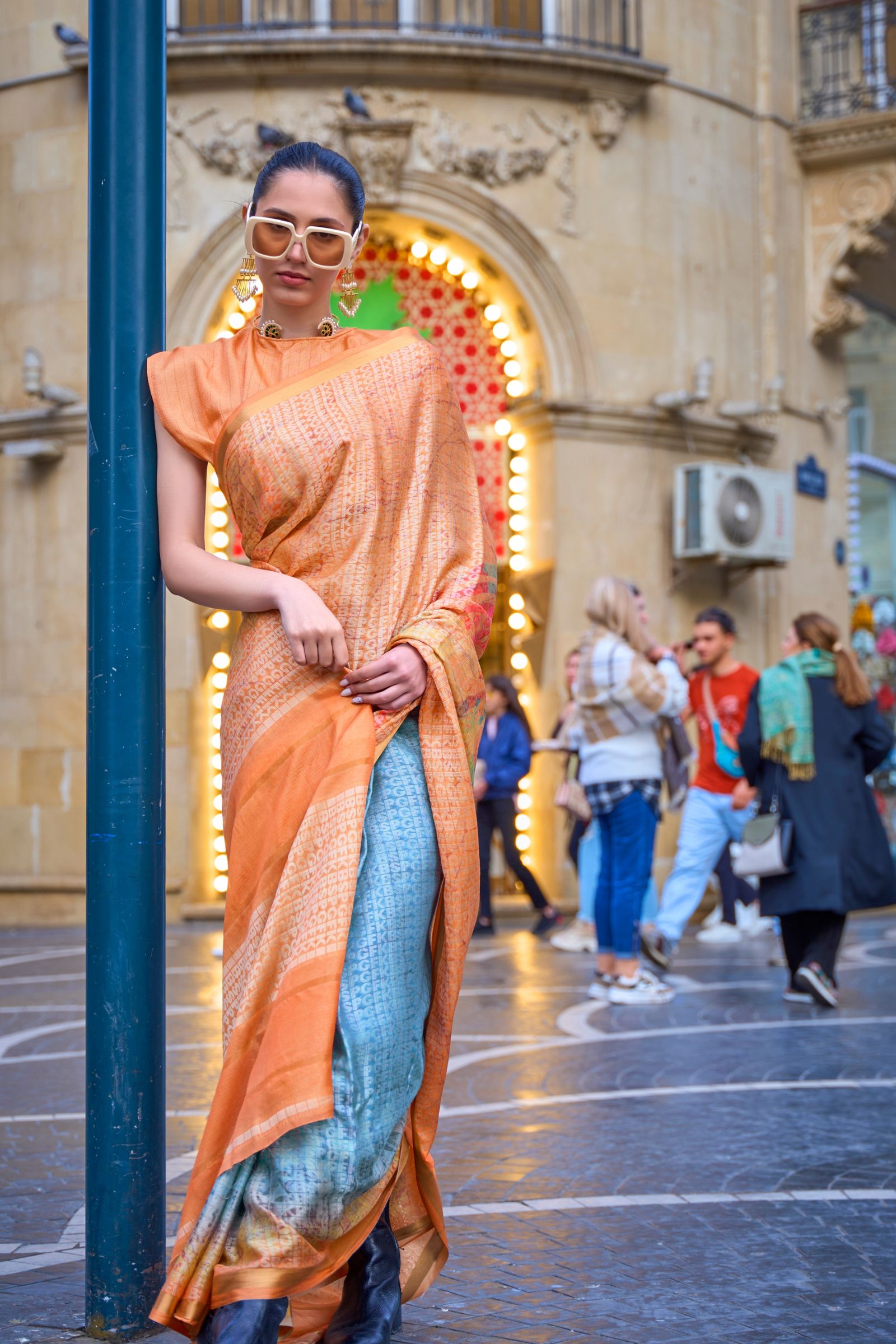 Orange Digital Printed Shaded Saree