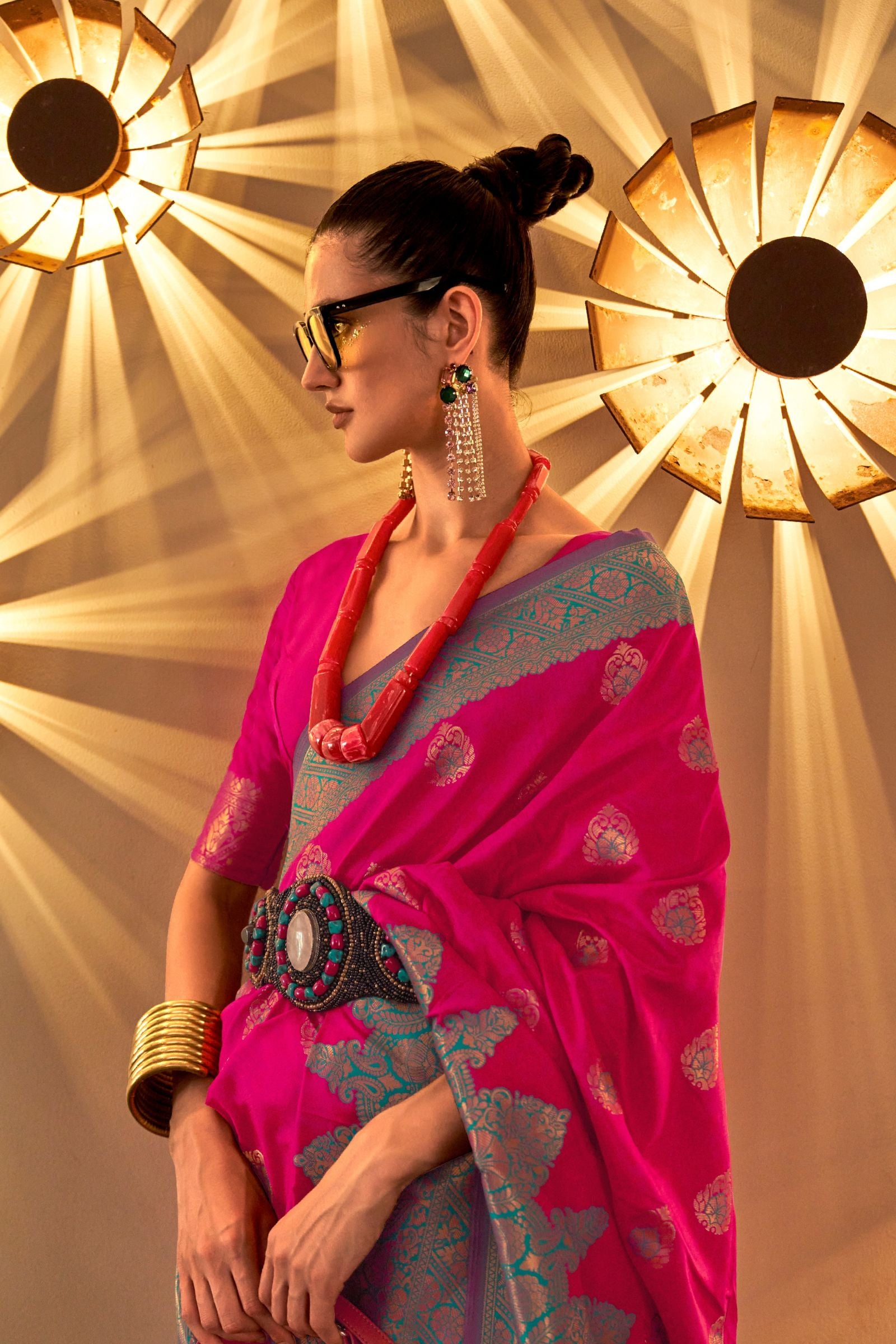 Magenta Buti Work Silk Saree