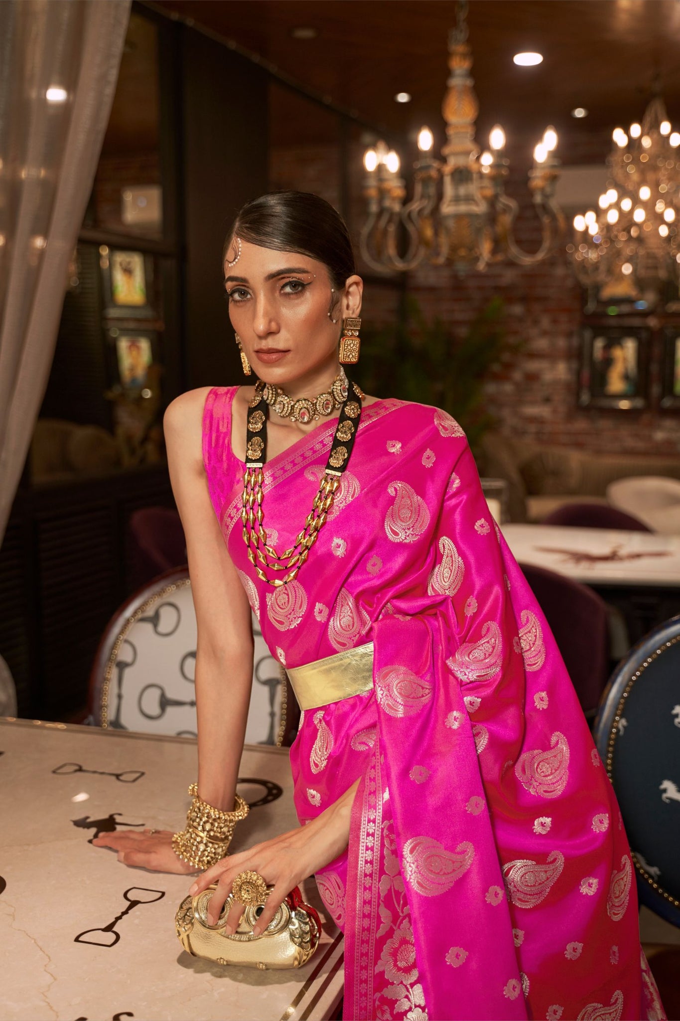 Hot Pink Designer Woven Satin Saree