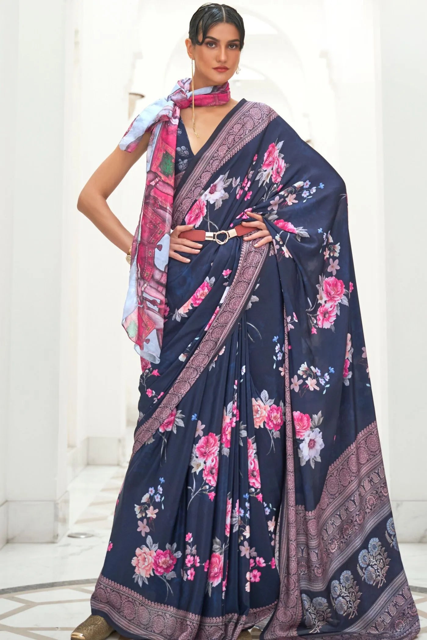 Navy Blue Kalamkari Printed Crepe Saree