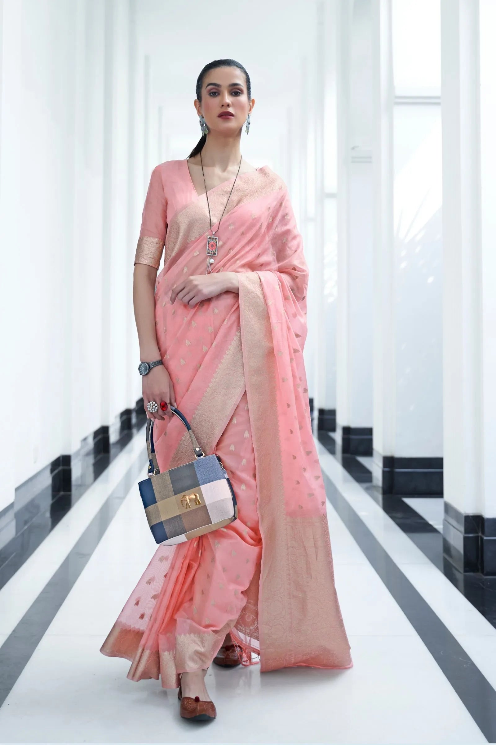 Pastel Pink Mukaish Weaving Modal Saree