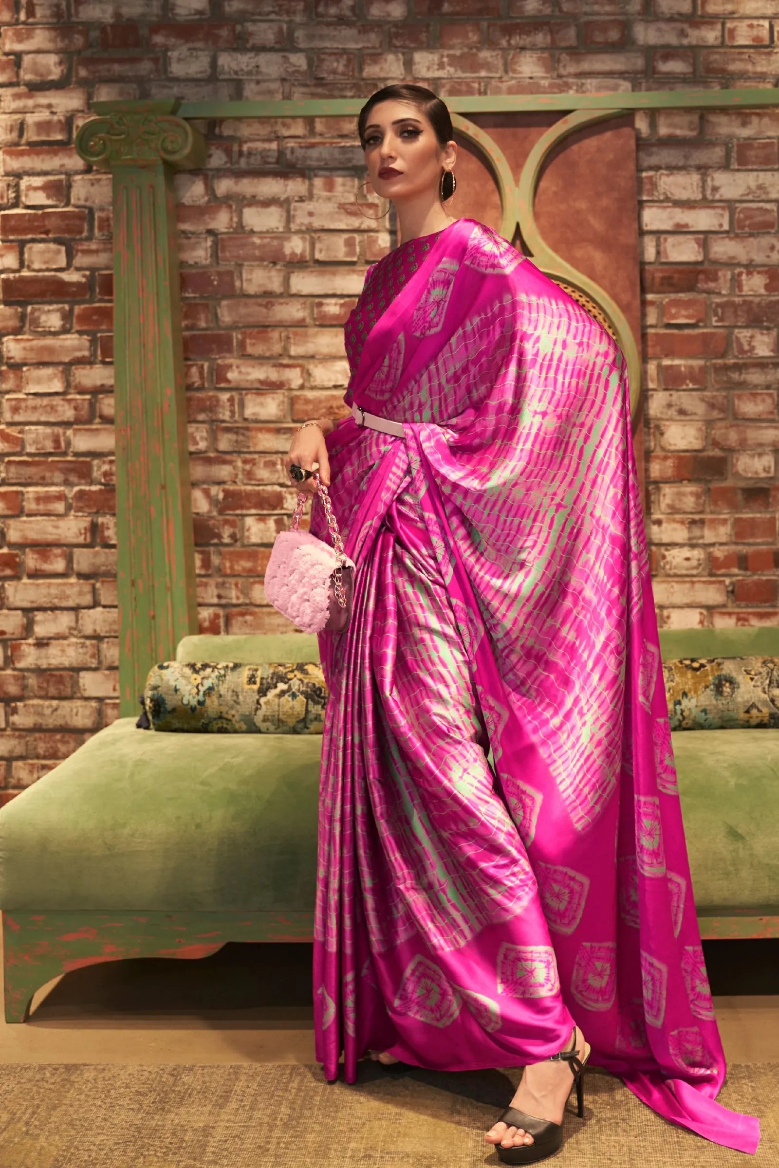 Magenta Printed Japan Crepe Saree