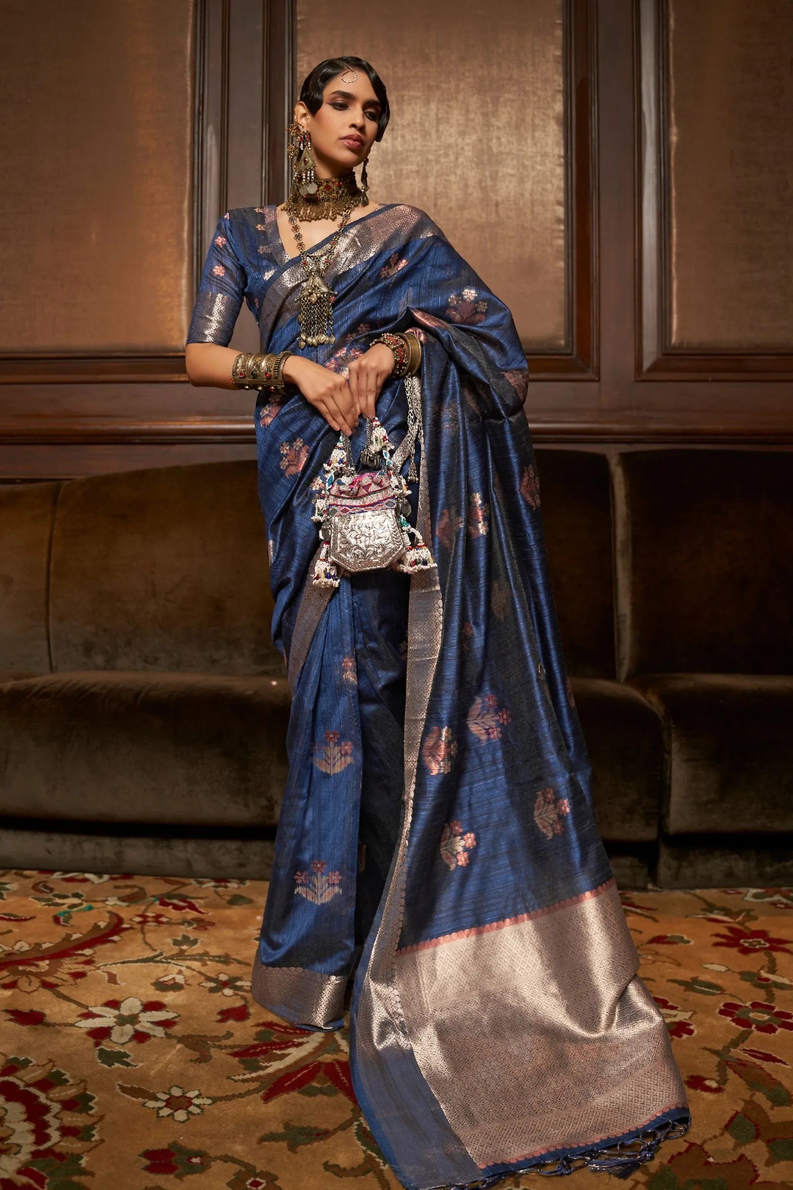 Indigo Blue Copper Zari Tussar Silk Saree