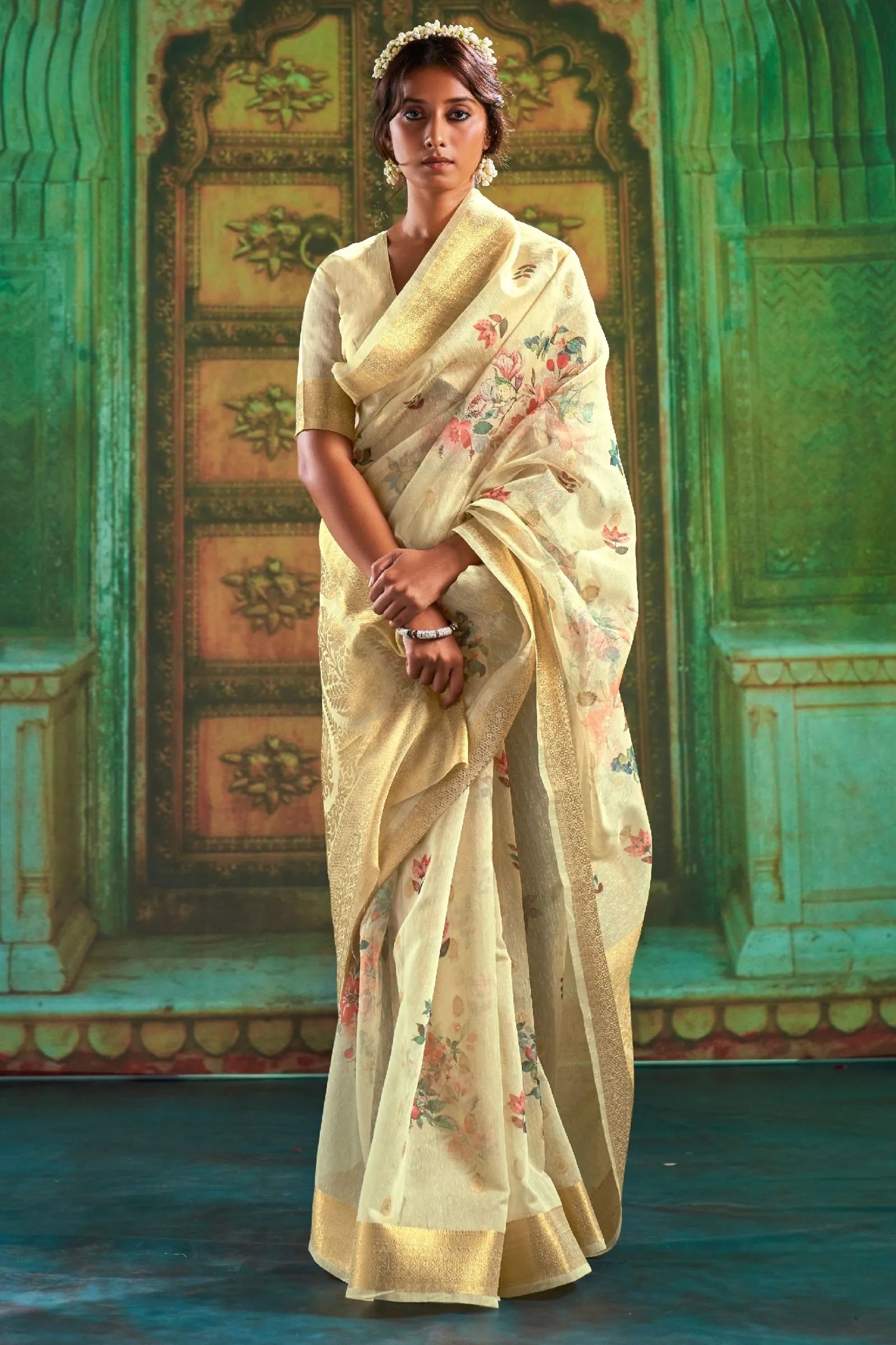 Pastel Yellow Printed Silk Saree