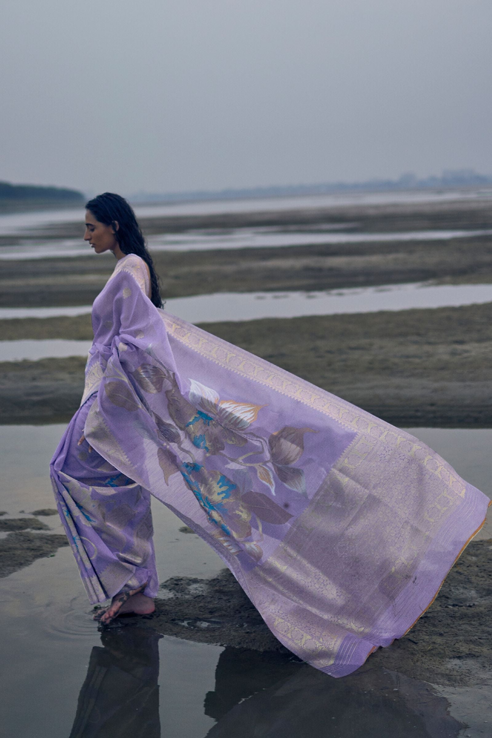 Lavender Pure Linen Silk Saree