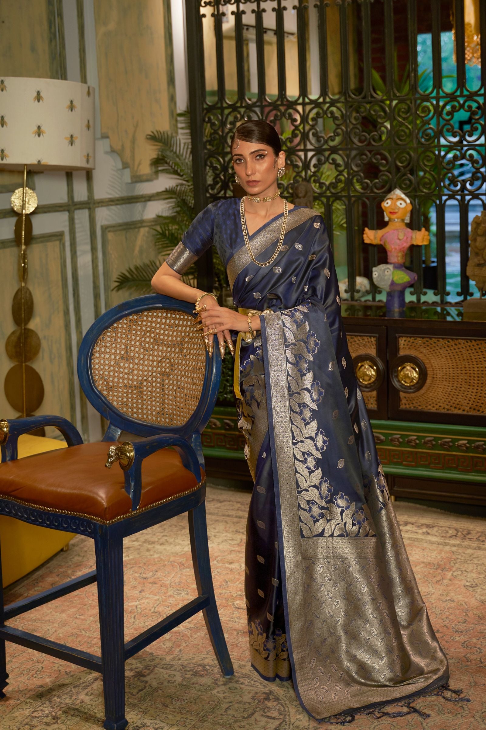 Navy Blue Leaf Zari Motif Satin Saree