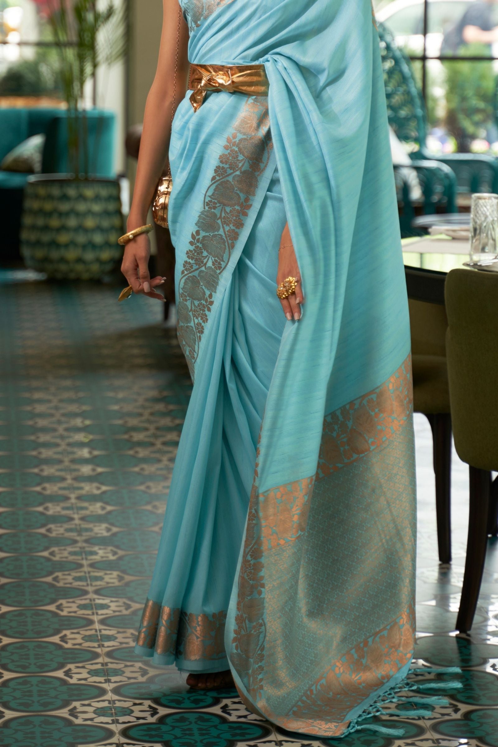 Sky Blue Zari Border Tussar Silk Saree