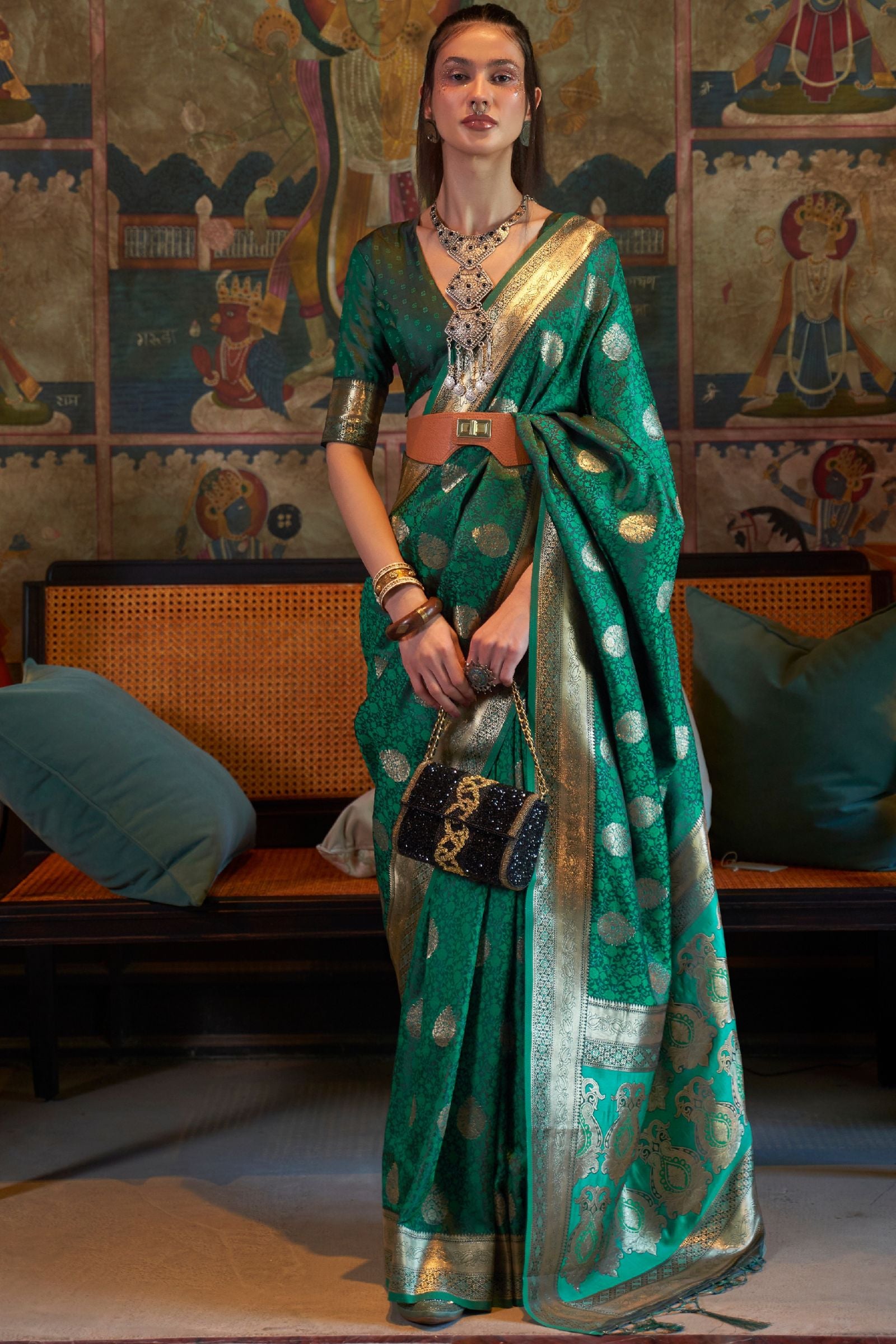 Rama Green Pure Satin Tanchoi Saree