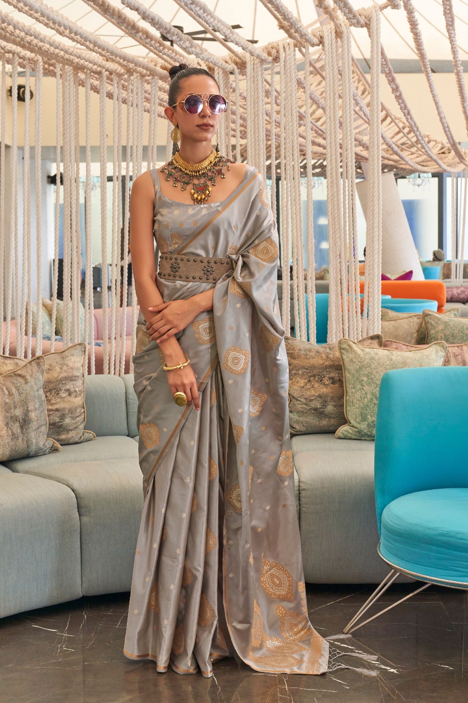 Pastel Gray Copper Motif Satin Saree