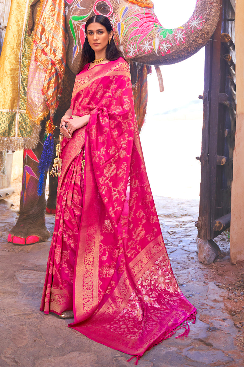 Hot Pink Golden Zari Woven Kanjivaram Saree