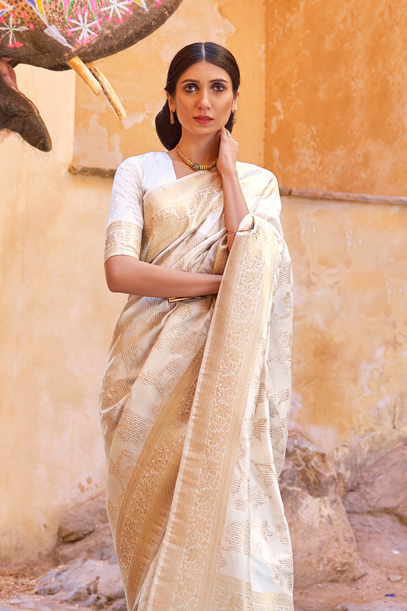 White Golden Zari Woven Kanjivaram Saree