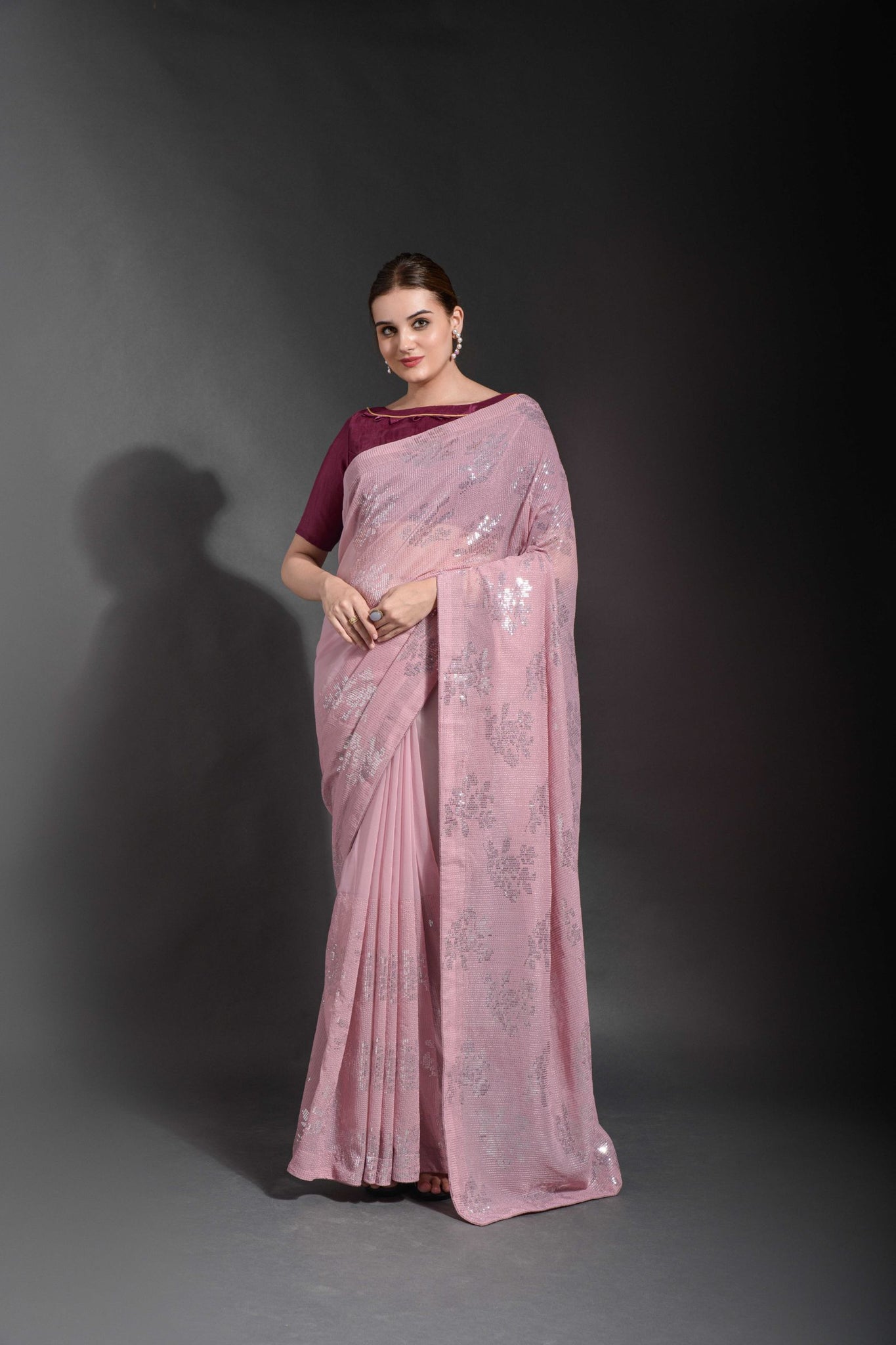 Lilac Double Sequins Thread Pattern Saree