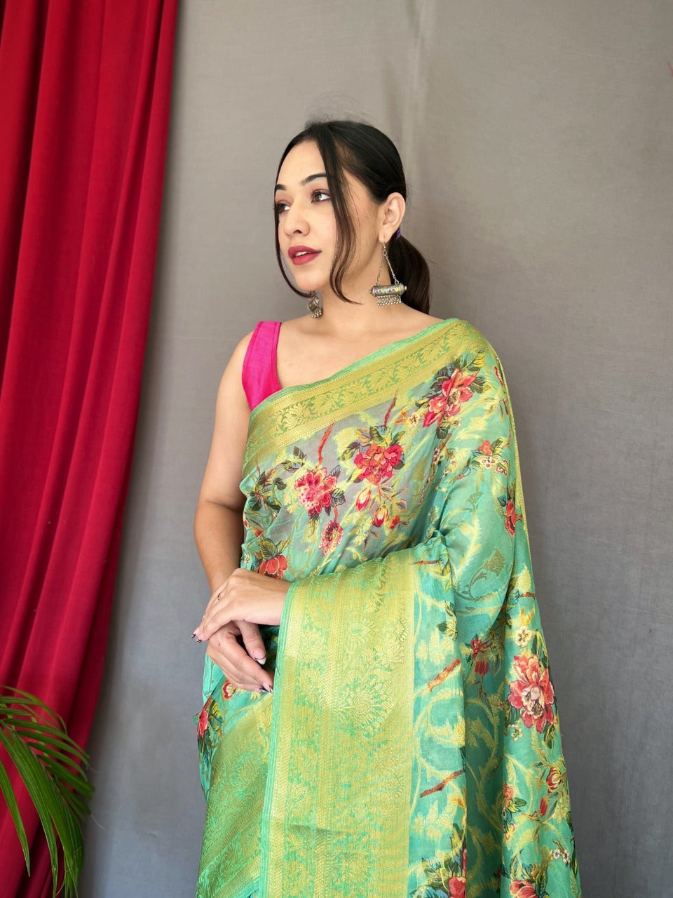 Cyan Green Organza Zari Weaving Saree with Digital Print