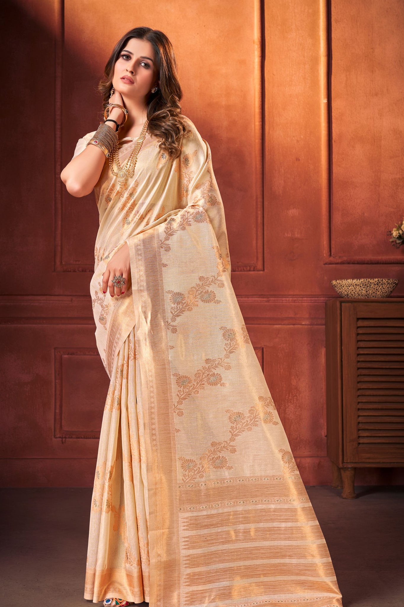 Ivory Tissue Silk Saree with Golden Zari