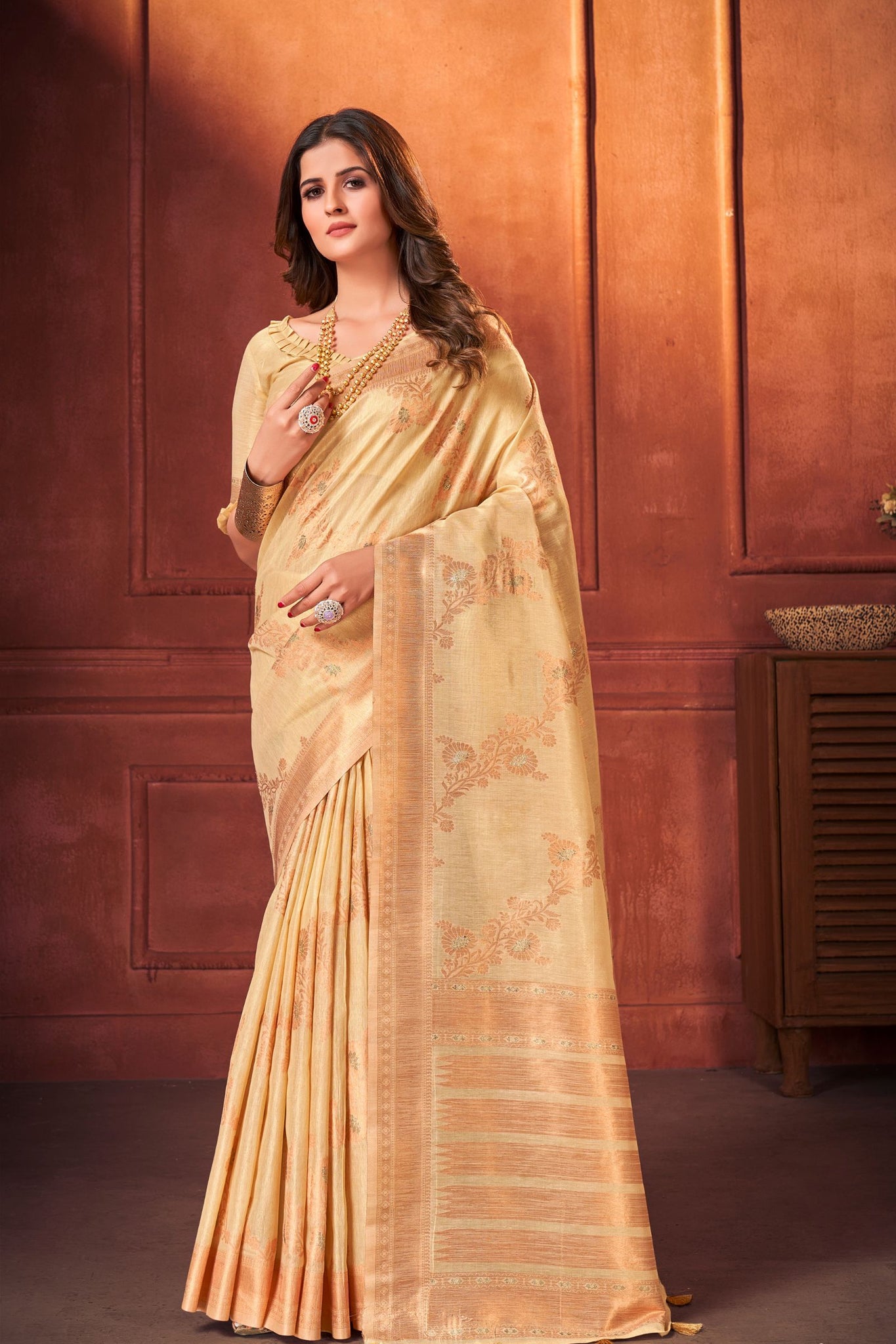 Cream Tissue Silk Saree with Golden Zari