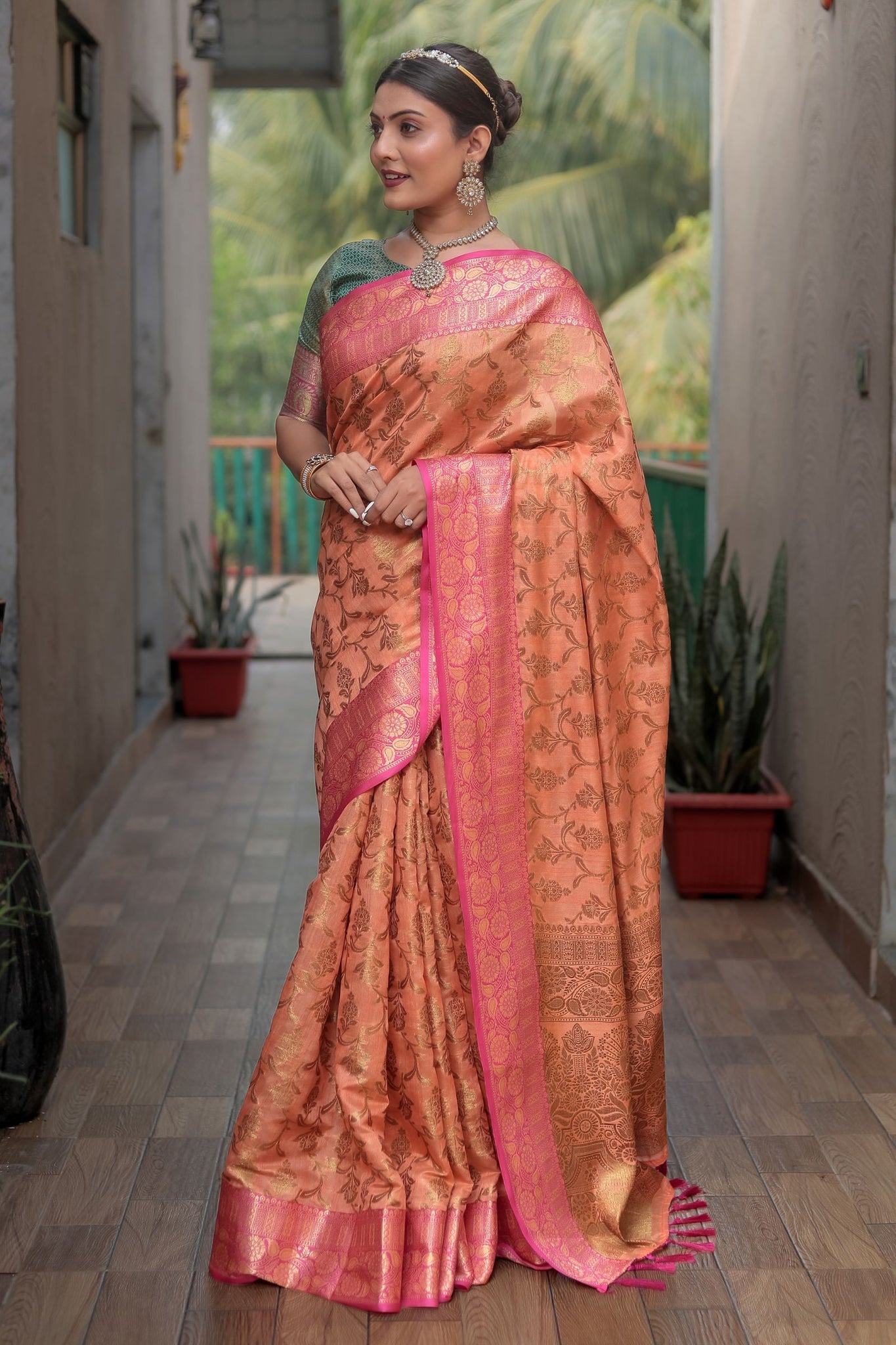Light Orange Banarasi Katan Silk Saree with Golden Zari