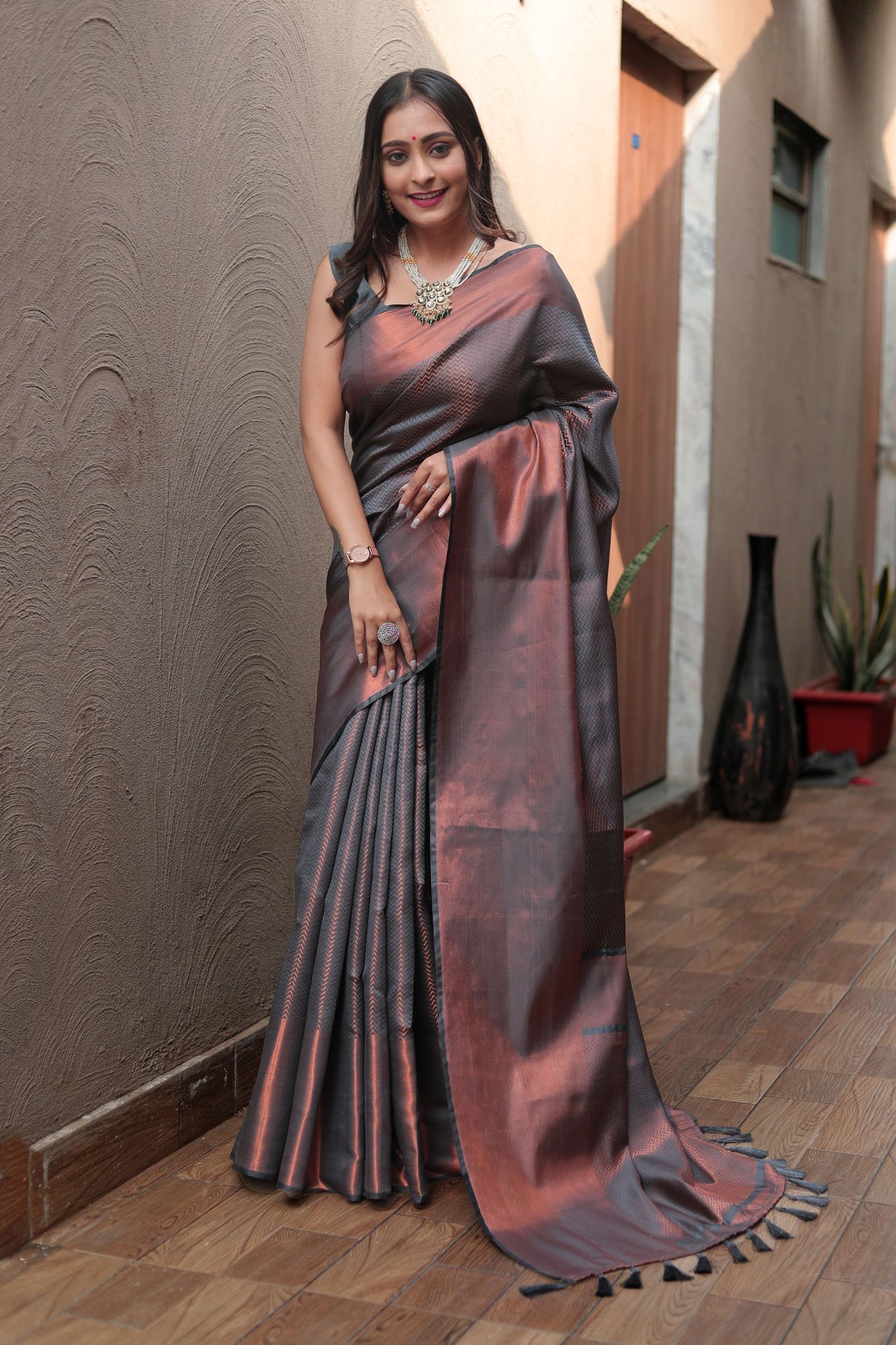 Steel Grey Kanjivaram Silk Saree with Copper Zari Weave