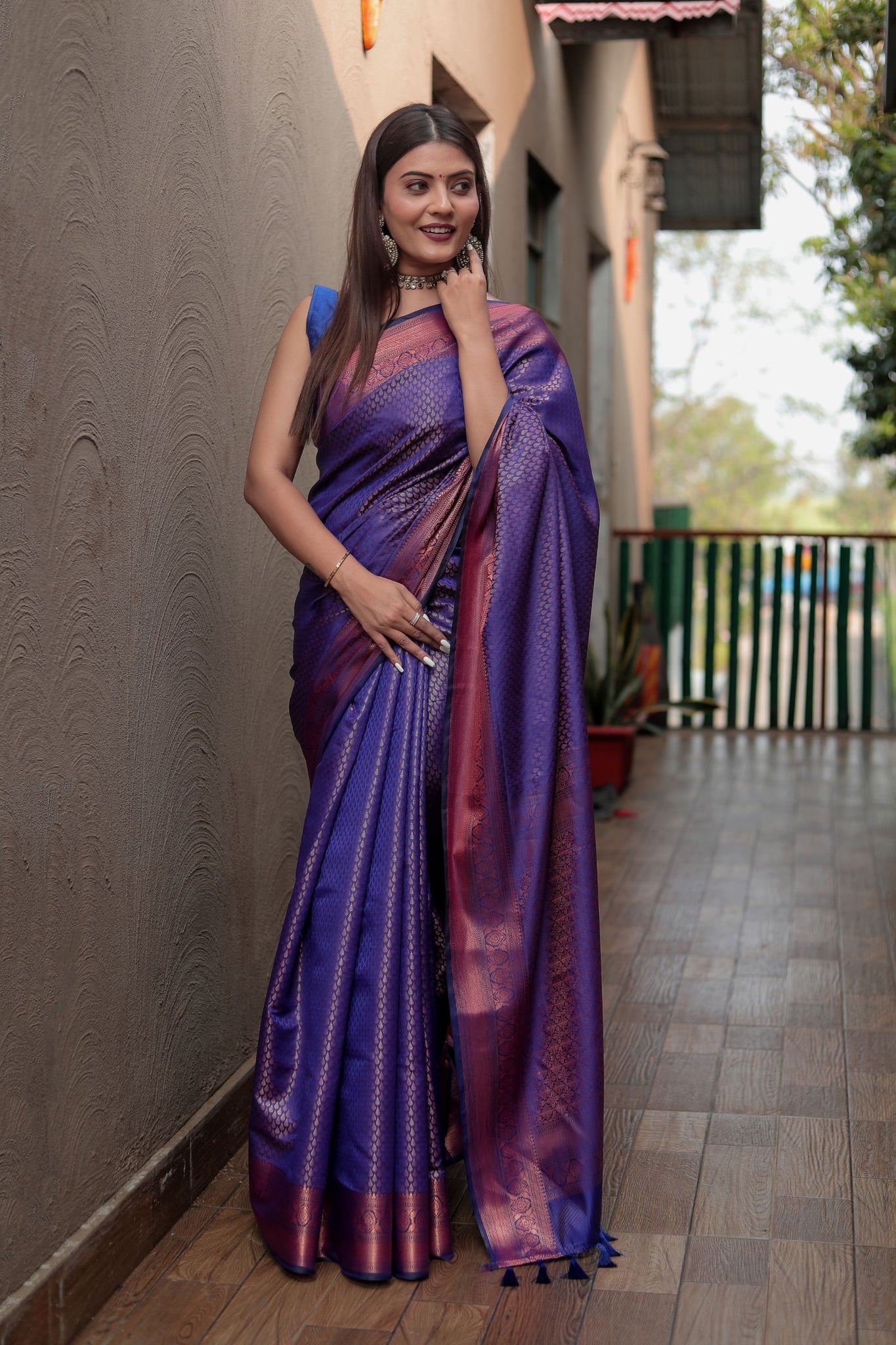 Violet Kanjivaram Silk Saree with Copper Zari
