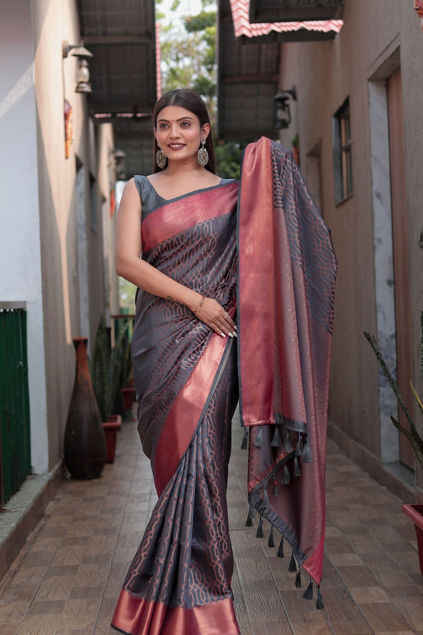 Grey Banarasi Silk Saree with Copper Zari