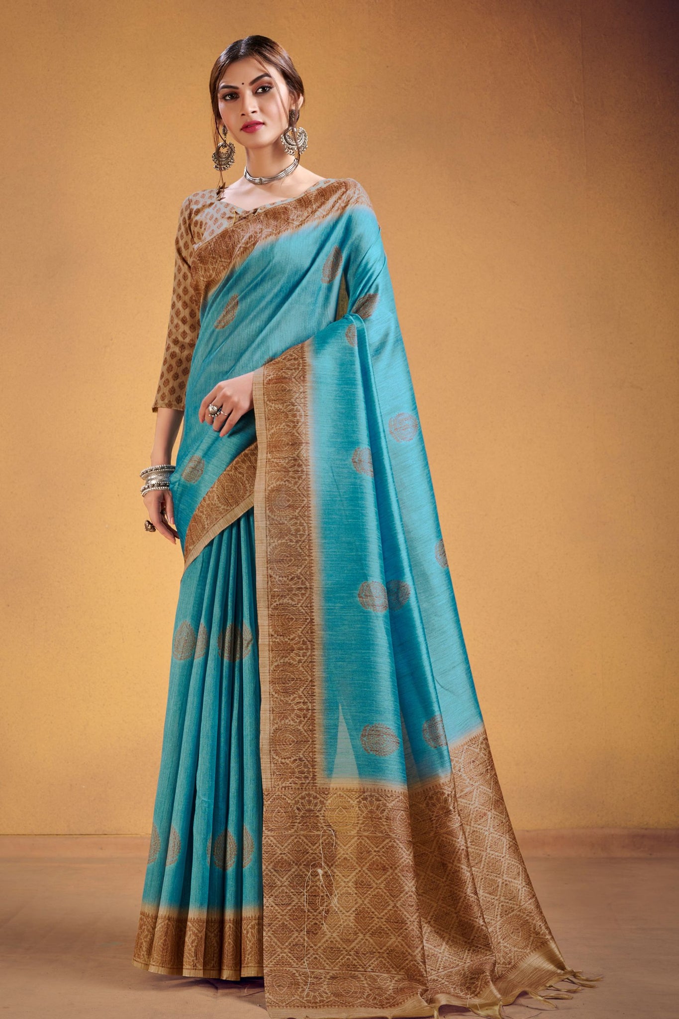 Sky Blue Cotton Saree with Traditional Pattern